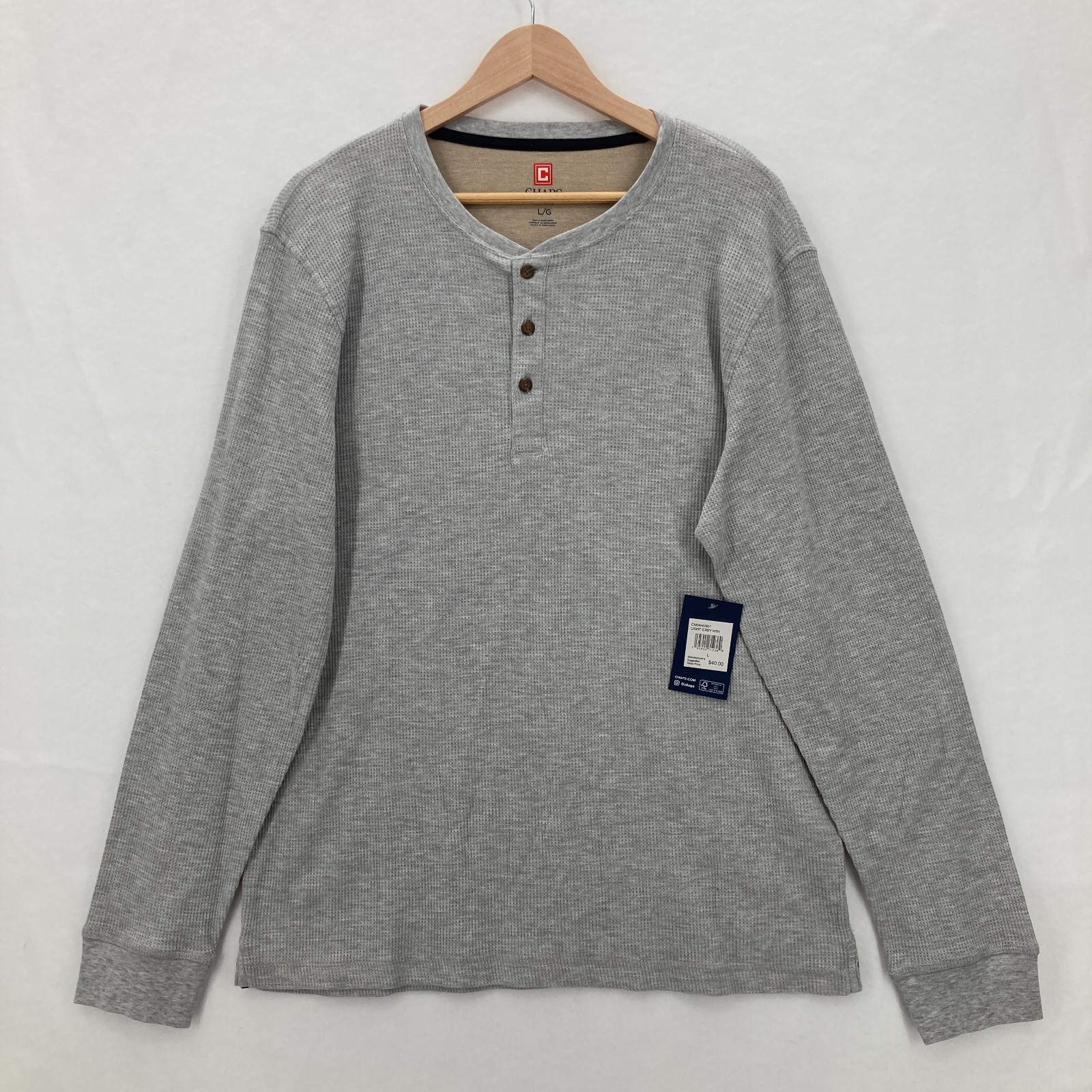 Chaps Henley Thermal Shirt Mens Large Gray Waffle Knit Casual Preppy Travel NWT