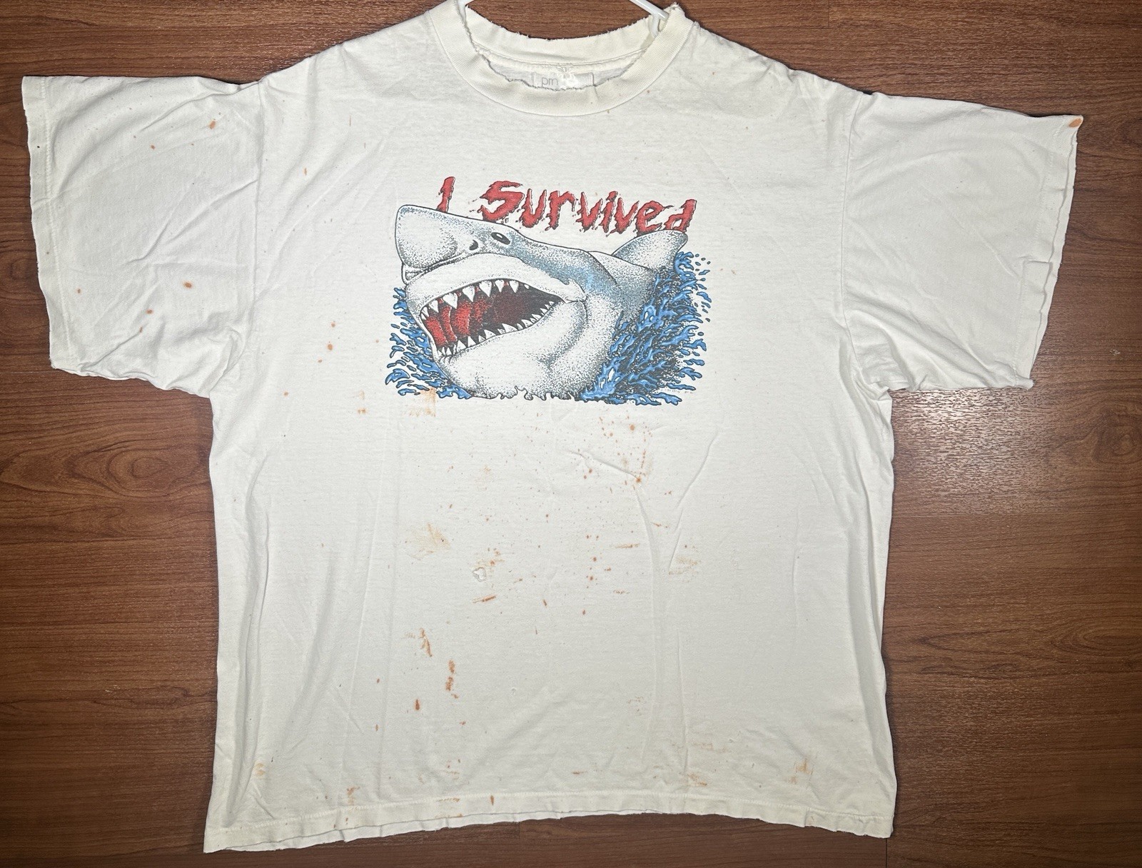 Vintage 90s I Survived Shark Graphic T Shirt PM Activewear XXL Distressed 15