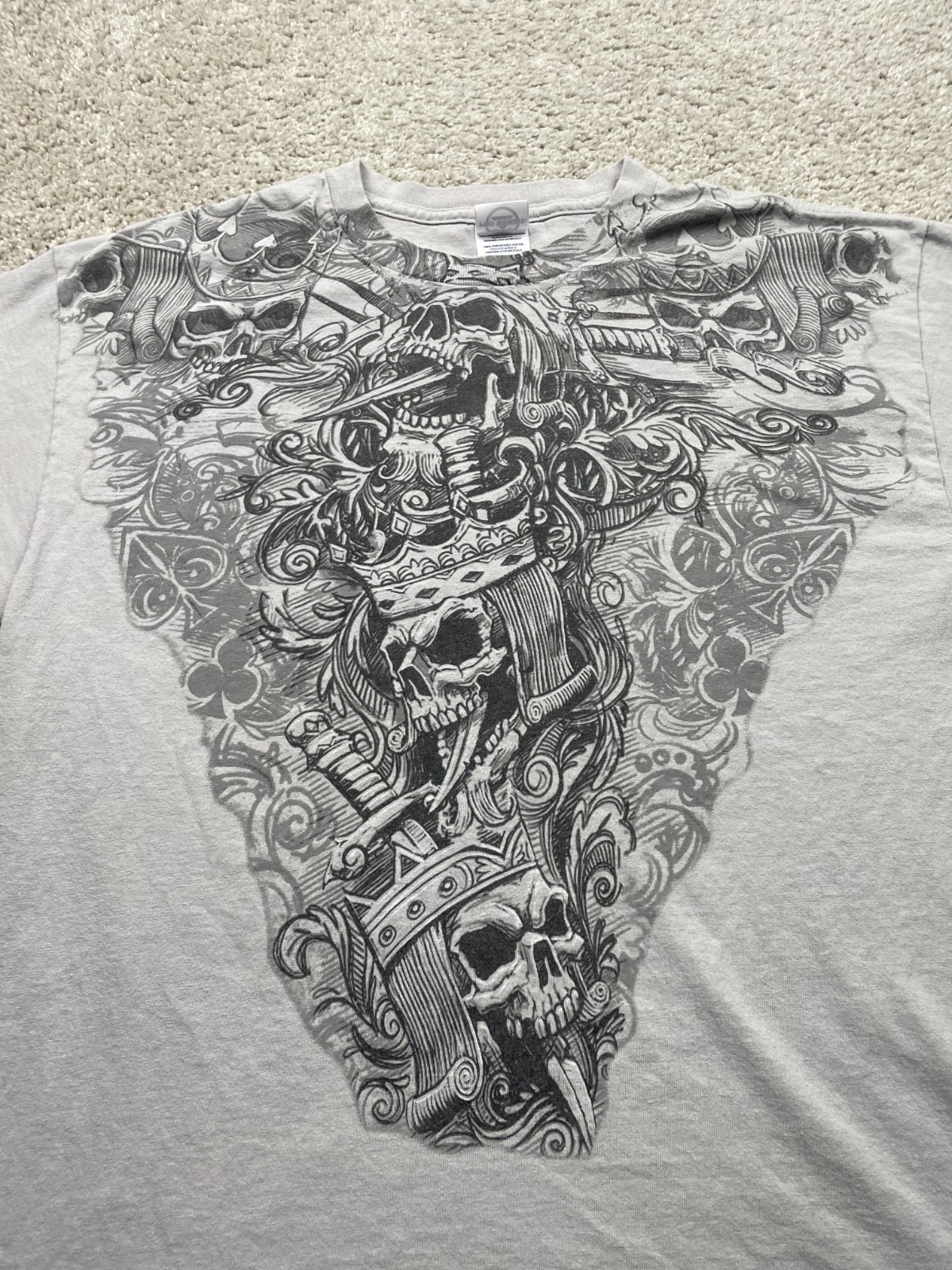 Vintage Y2K Grunge T-shirt Men&rsquo;s Large Gray Affliction Style Skulls Crown Poker