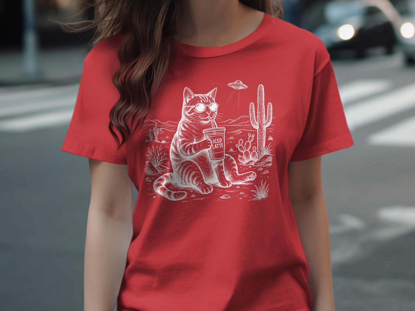 Cool Cat Iced Latte T-Shirt, Funny Tabby in Sunglasses, Desert Cactus Scene,