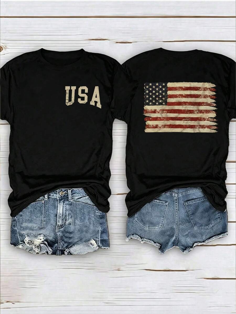 Women&rsquo;s Short Sleeve T-Shirt With American Flag And Slogan Print Graphic Tees