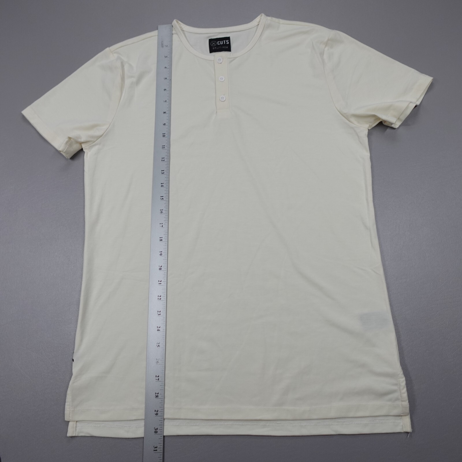 Cuts Clothing Split Hem Short Sleeve Tee Henley Stretch Beige Slim Fit