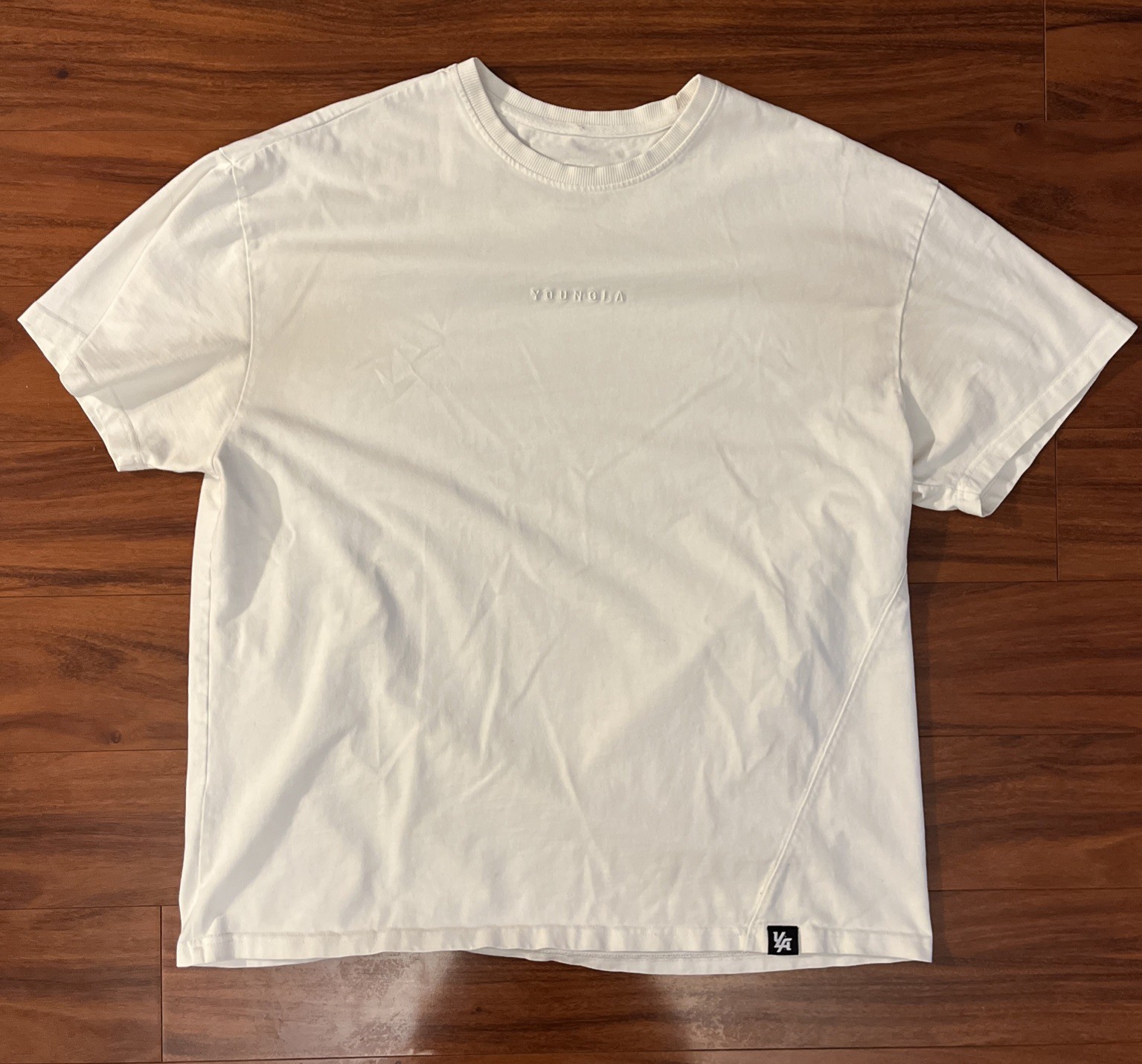 YoungLA Mens Large T Shirt White Short Sleeve Spell Out Tee Crew Neck