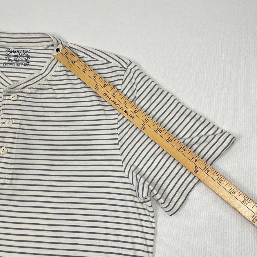 Faherty Shirt Mens L Ivory Blue Striped Organic Cotton Slub Henley Casual SS