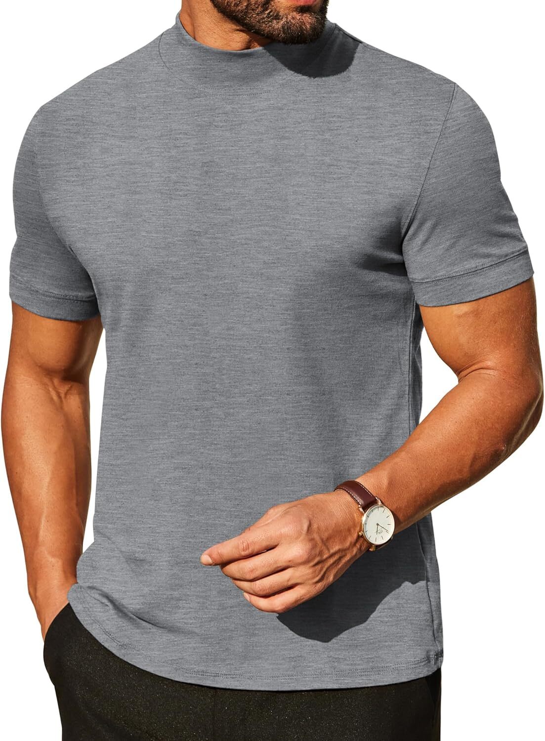 Mens Premium Cotton Short Sleeve Mock Turtleneck Half Neck Basic Tee Casual Fit