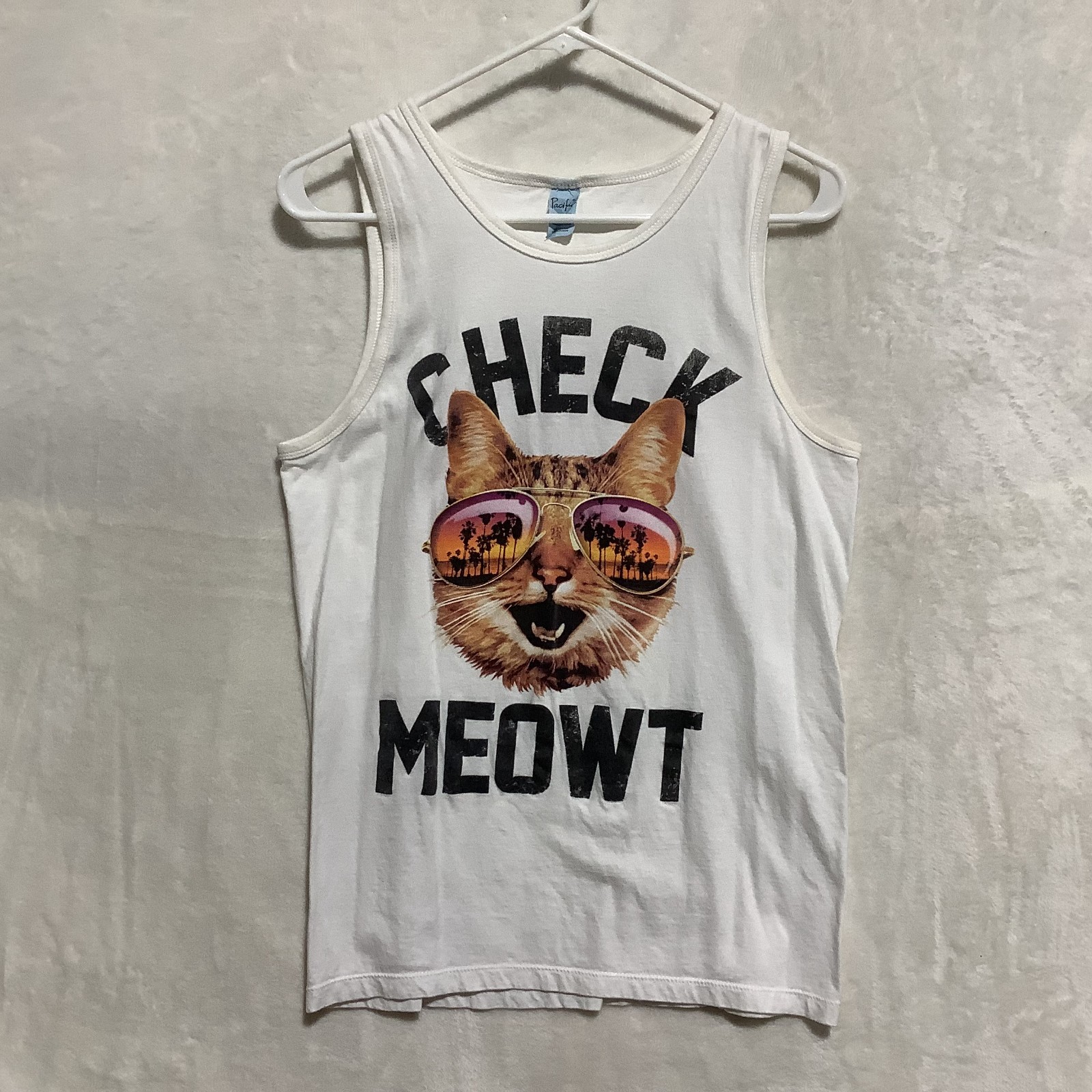 Vintage Pacific Tank Top Shirt Sz S « Check Meowt » Cat Cool Shades Kitty Islands