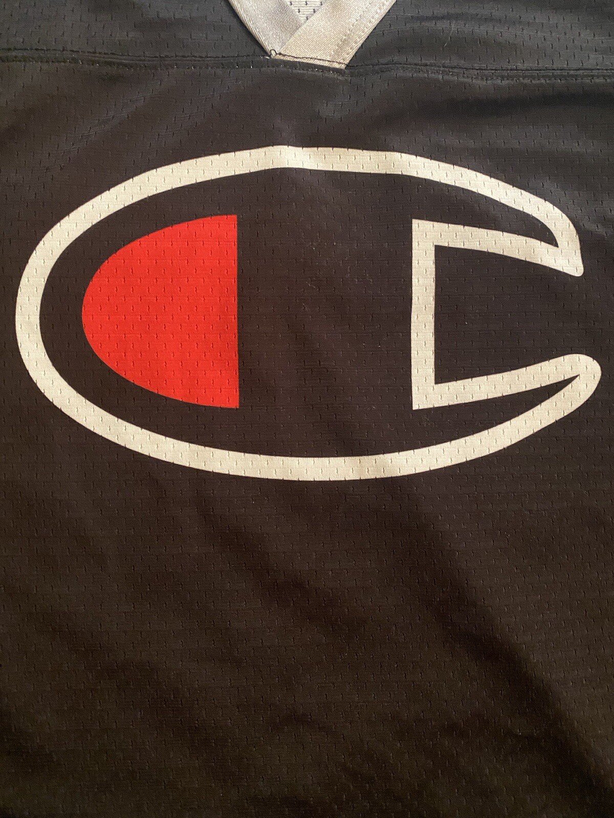 Champion #19 Champion Logo Hockey Jersey Sz L (44) (25in W X 30in L) Black