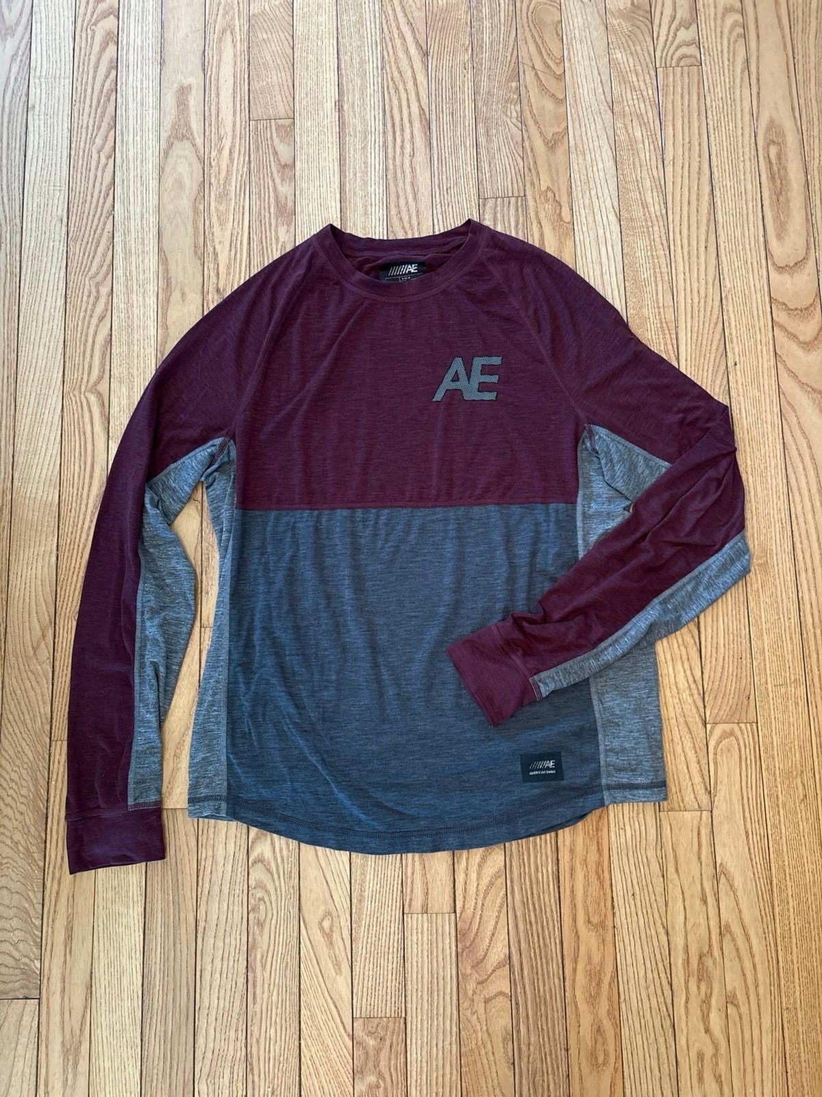 Long Sleeve mens tshirt top Burgundy gray heathered no side seam color block