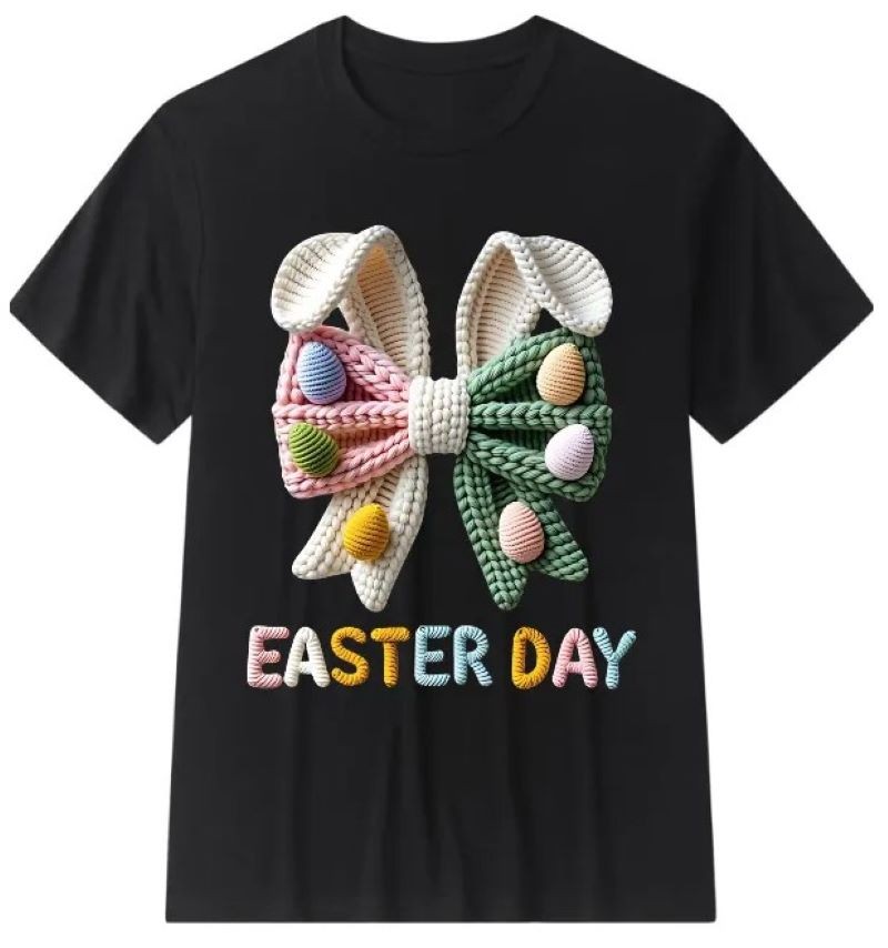 Easter Day 3D Knit Bow T-Shirt Spring Festival Cute Easter Bunny Egg Design