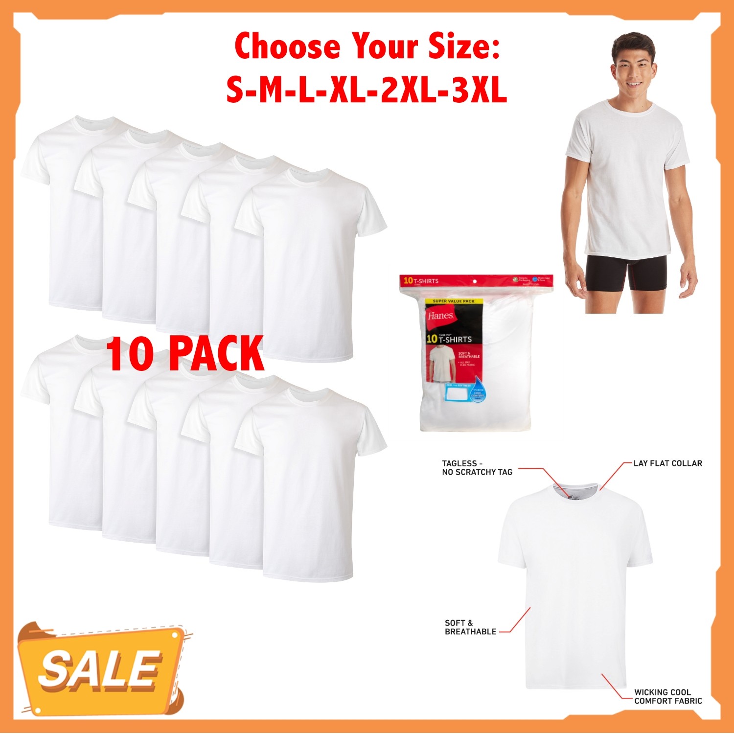 10 Pack Hanes Men&rsquo;s Super Value Pack White Crew T-Shirt Undershirts, Comfortable