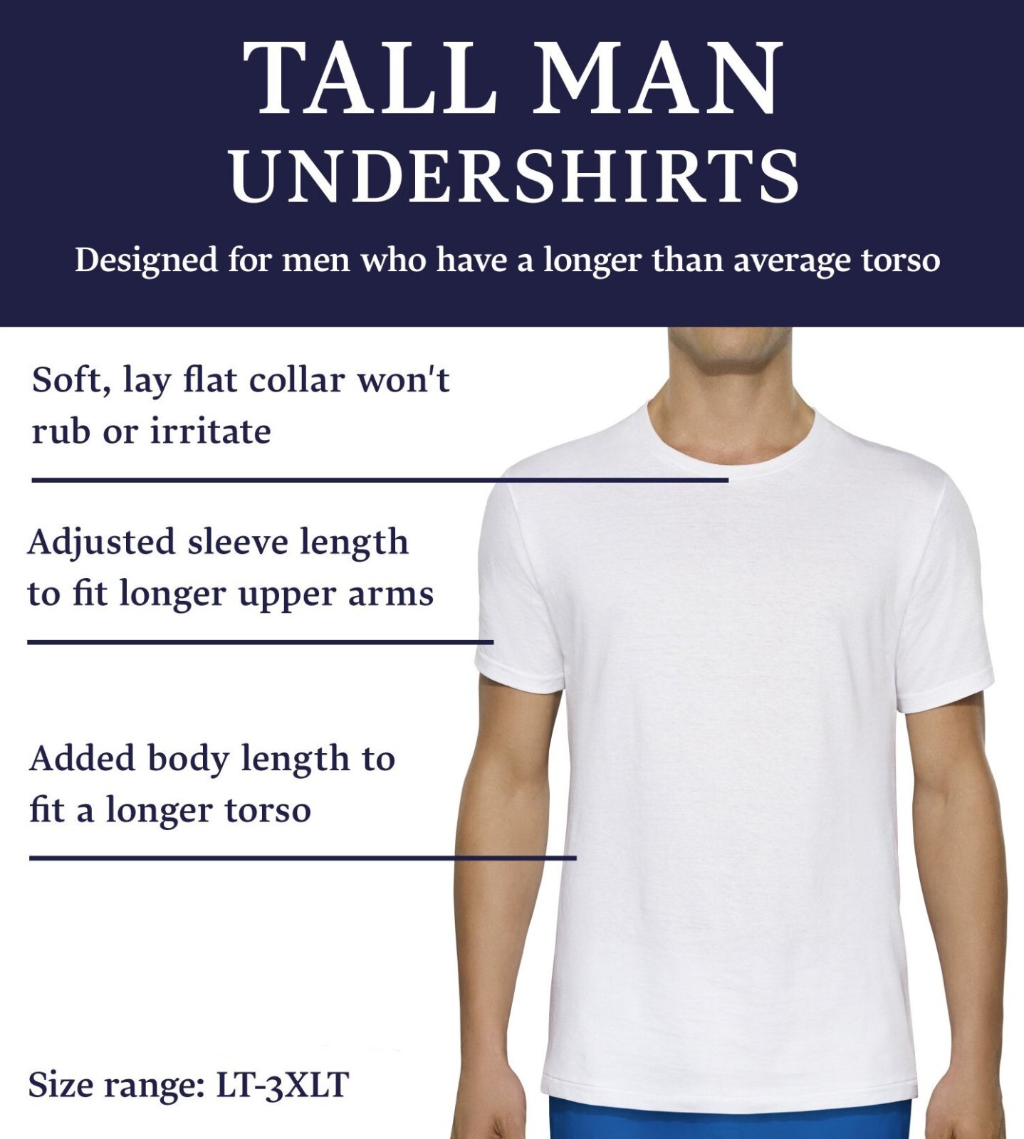 3 White Tall Man 2XT 50-52 Inch V-Neck T-Shirts Fruit Of The Loom 127-132 CM