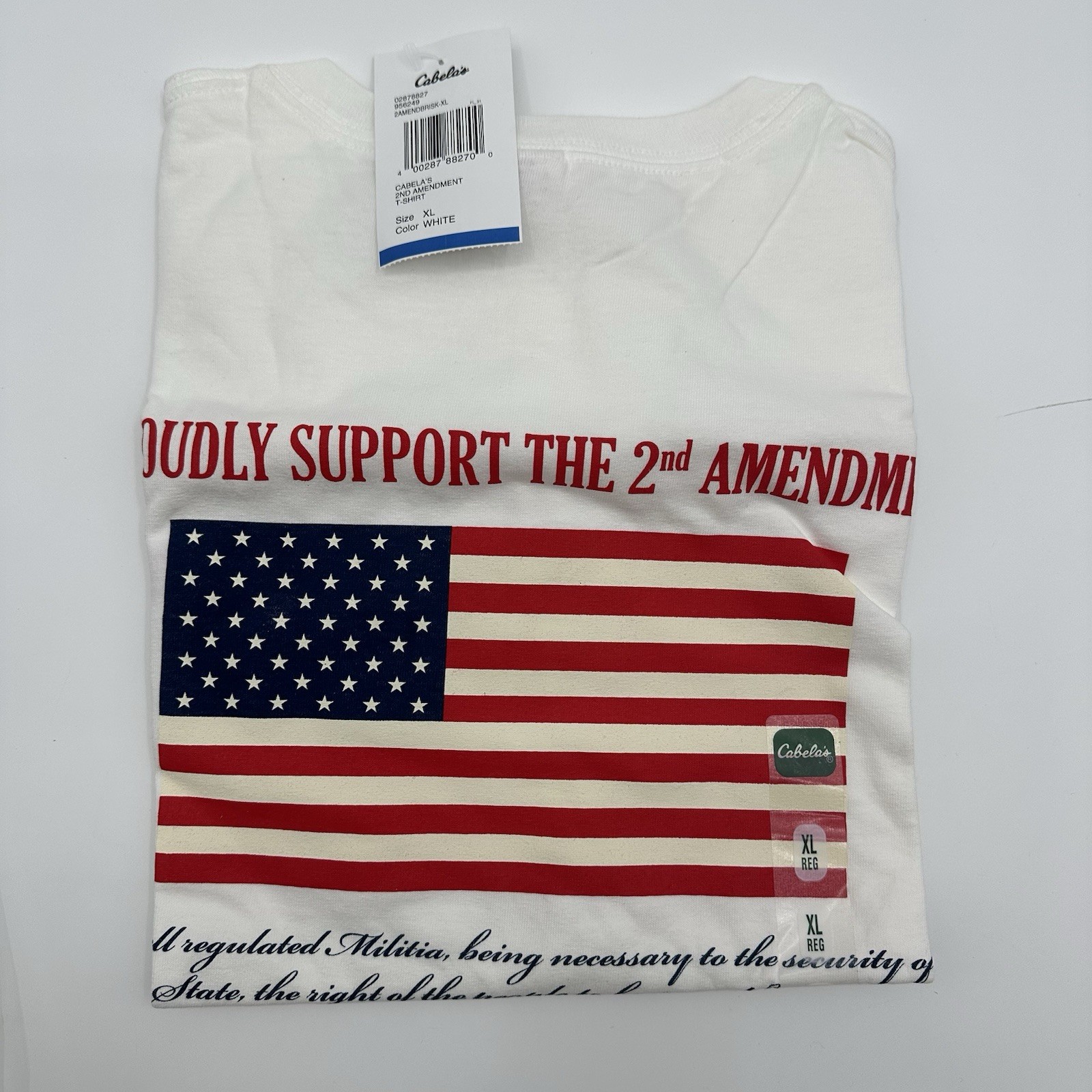 VTG Cabela’s Men’s XL USA Flag 2nd Amendment Graphic T-Shirt White Patriotic NWT