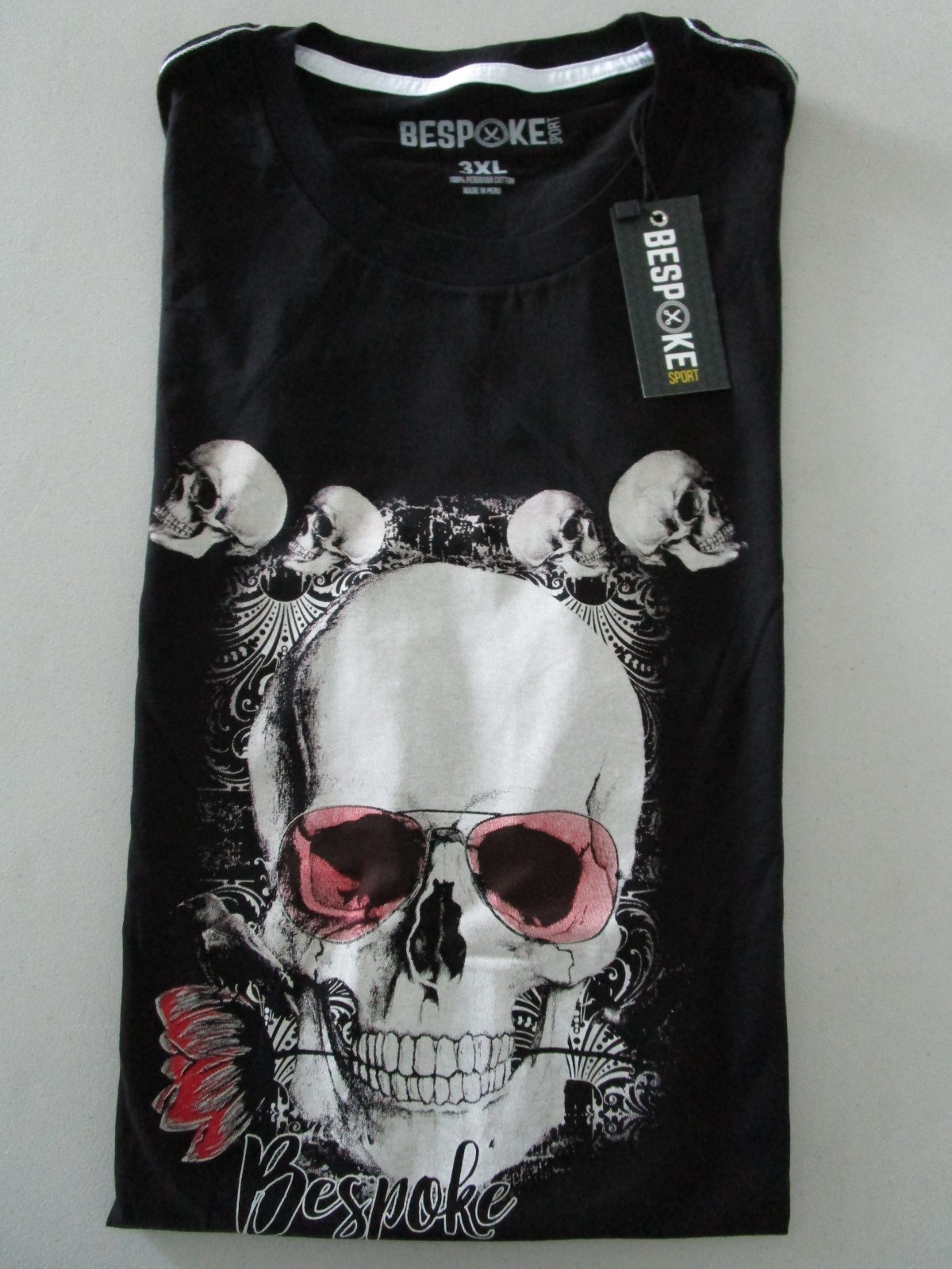 BESPOKE MEN&rsquo;S EXTRA SLIM SHORT SLEEVE 100% COTTON SKULLS T-SHIRT BLACK SIZE 3XL