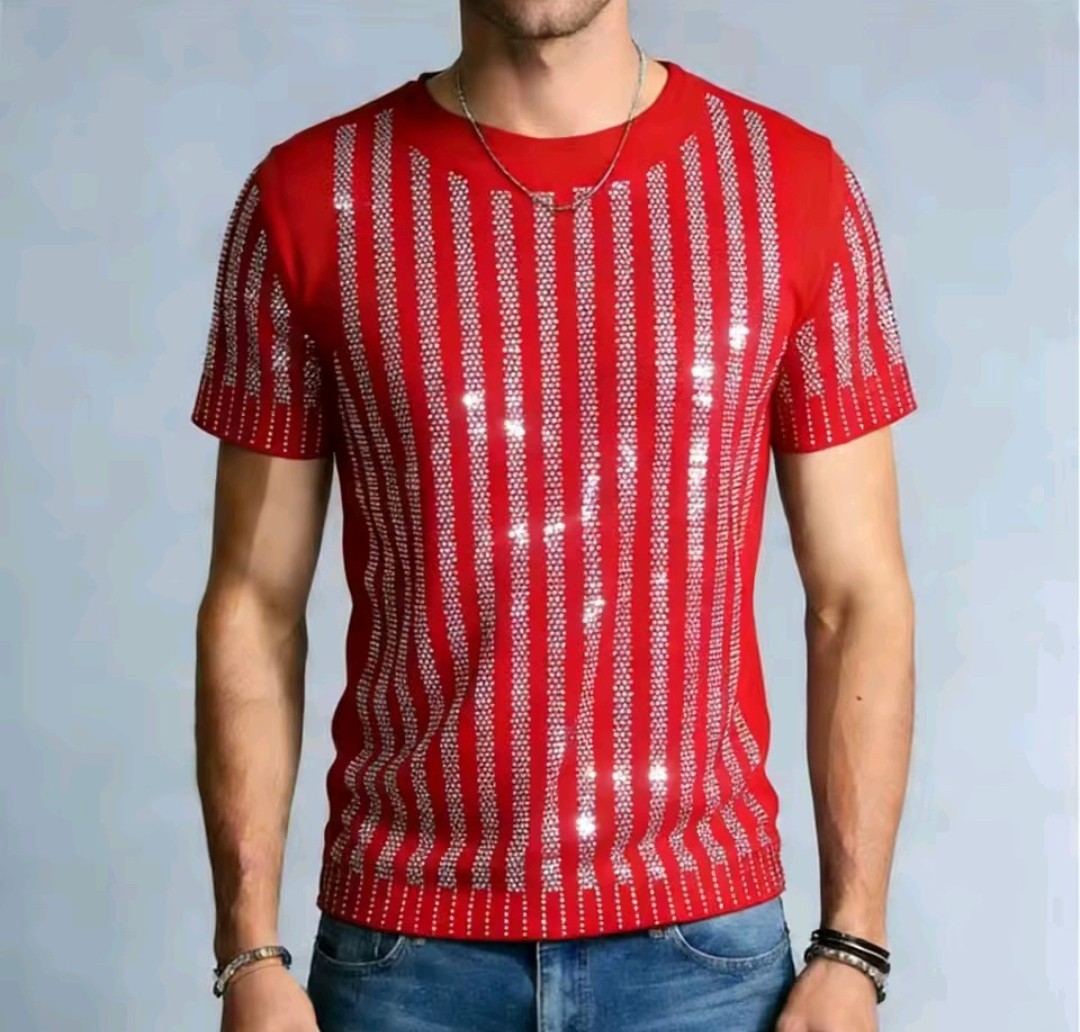 New Men Women Luxury Diamond Rhinestones Fashion Blue Red T-Shirt High Quality