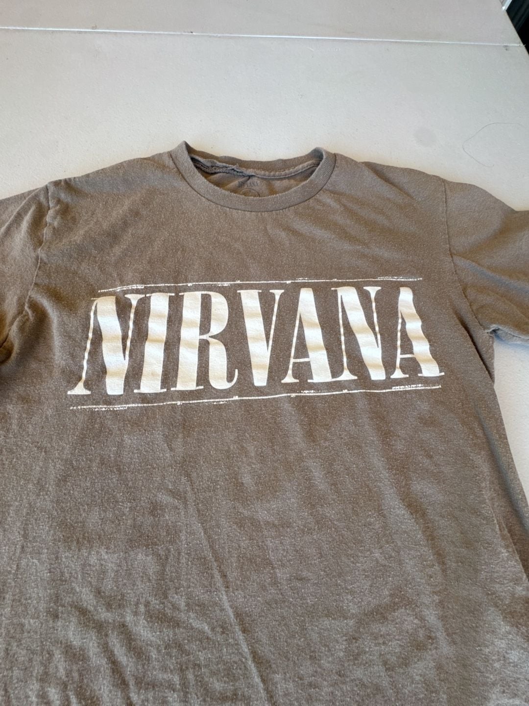 Nirvana Brown Two-Sided Graphic T-Shirt Stencil Logo Smiley Face. Reprint with a