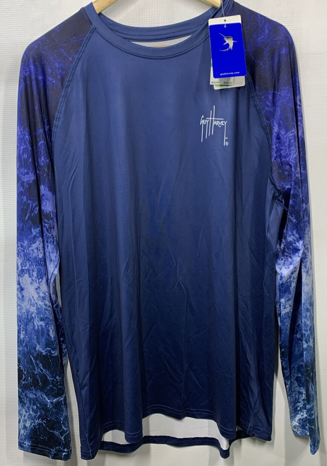 Guy Harvey Men&rsquo;s Deep Blue Shirt Raglan Sun Protection Long Sleeve T-shirt Large