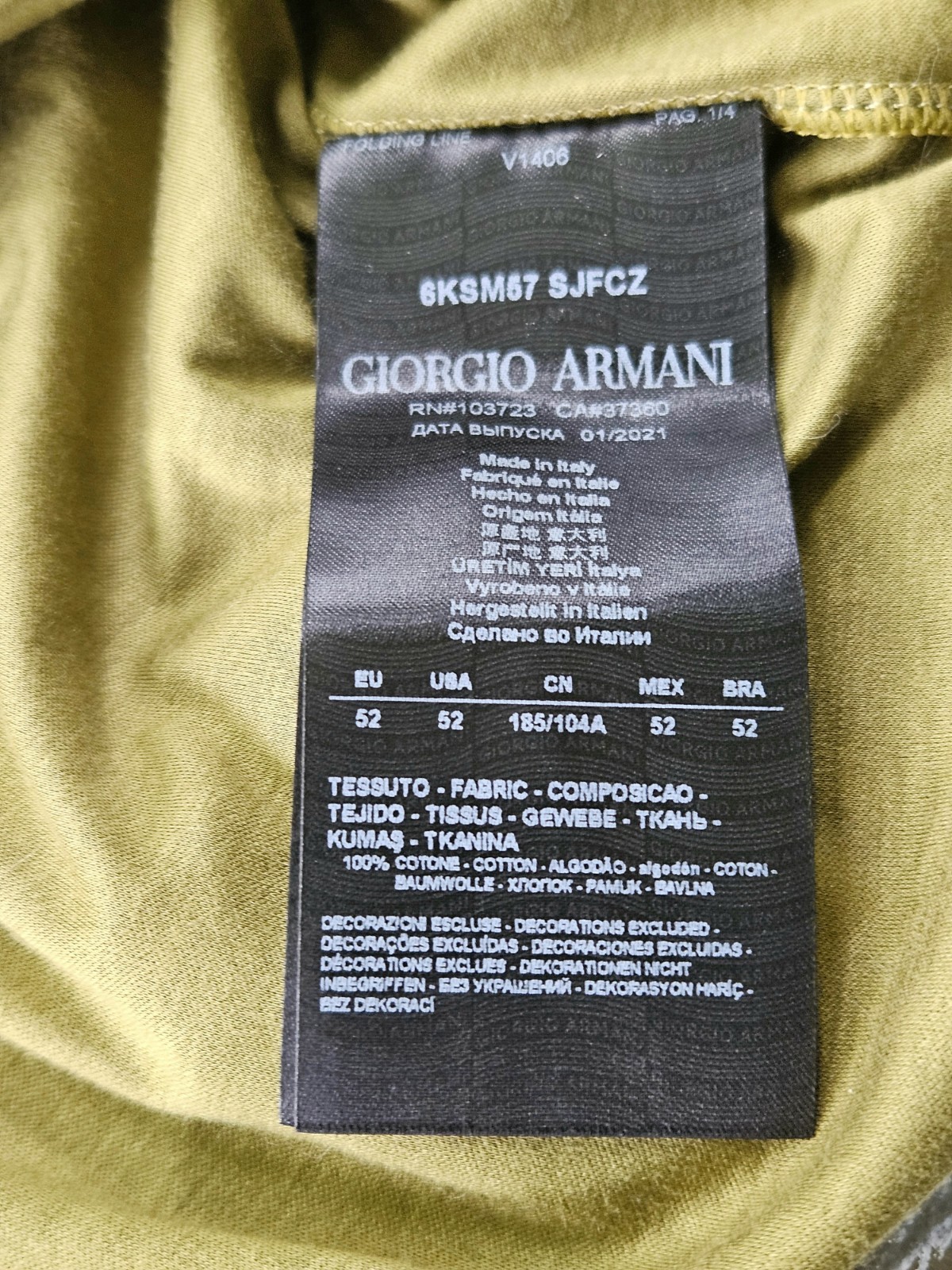 Giorgio Armani Mens Embroidered Pocket T Shirt Olive Green Size 52 Made In Italy