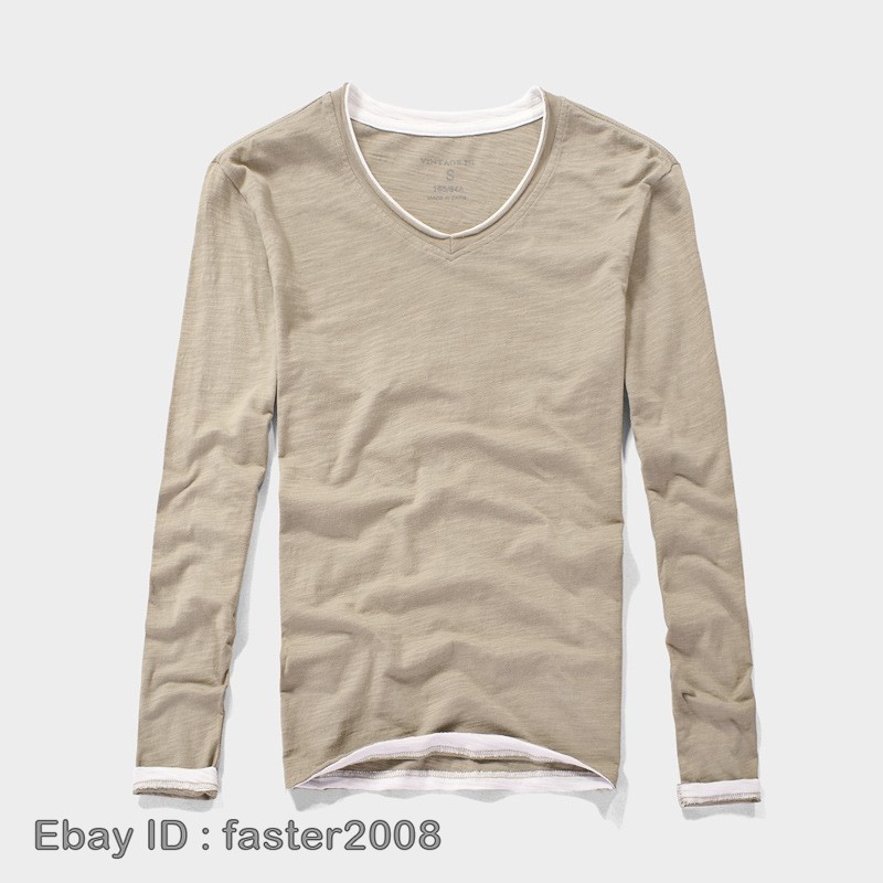 Hot Mens Long-Sleeved T-Shirts New Cotton V-Neck Solid Color Casual Slim Tops