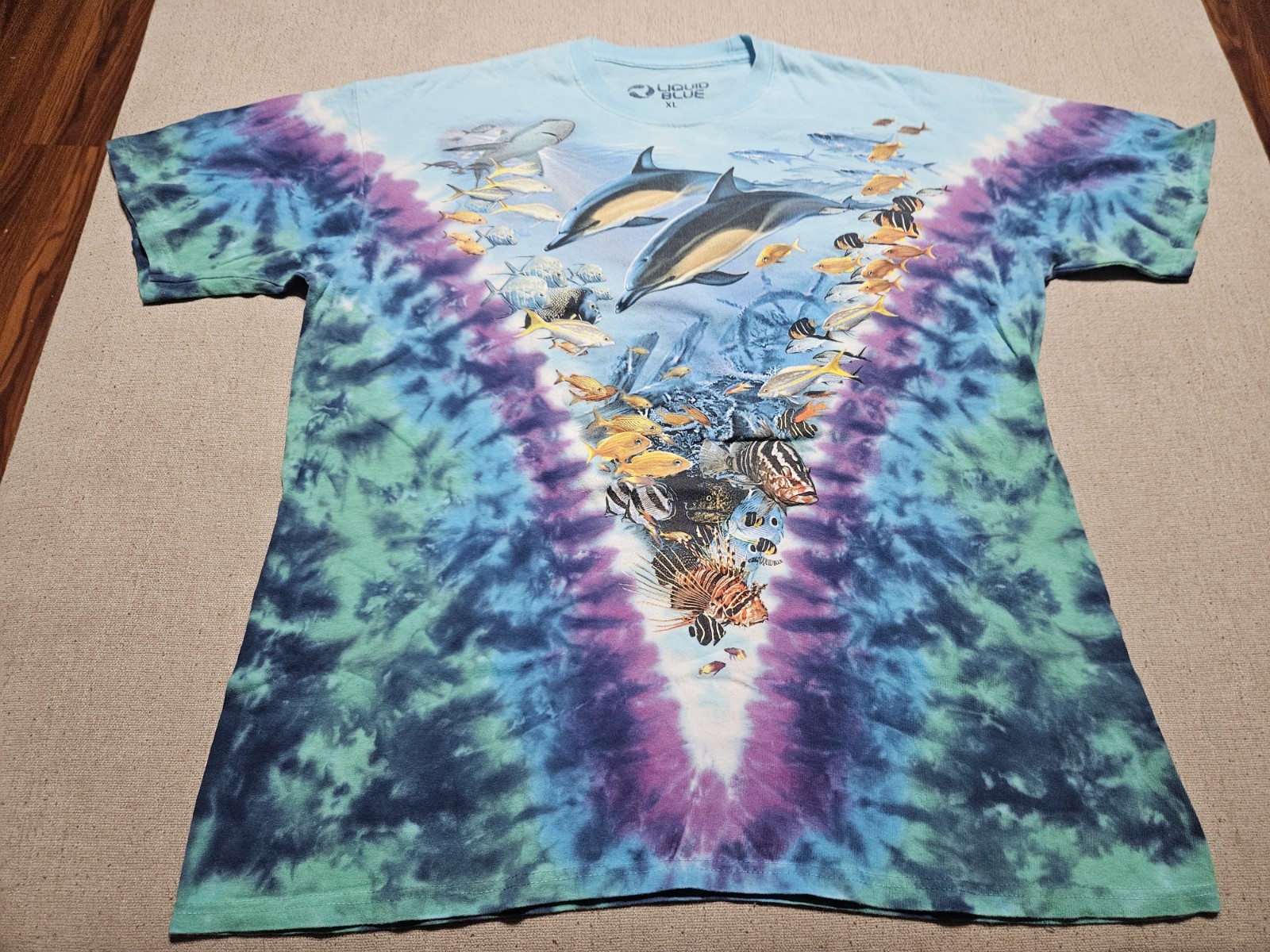 2000 Liquid Blue Y2K Aquatic Sea Life Dolphin Octopus Tie Dye TShirt XL Nature
