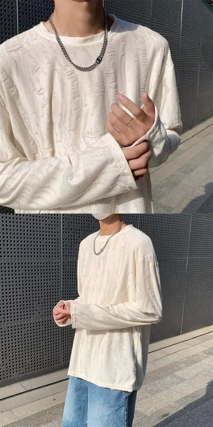 Men&rsquo;s Distressed Long Sleeve T-Shirt Harajuku Aesthetic Ripped Pullover Top