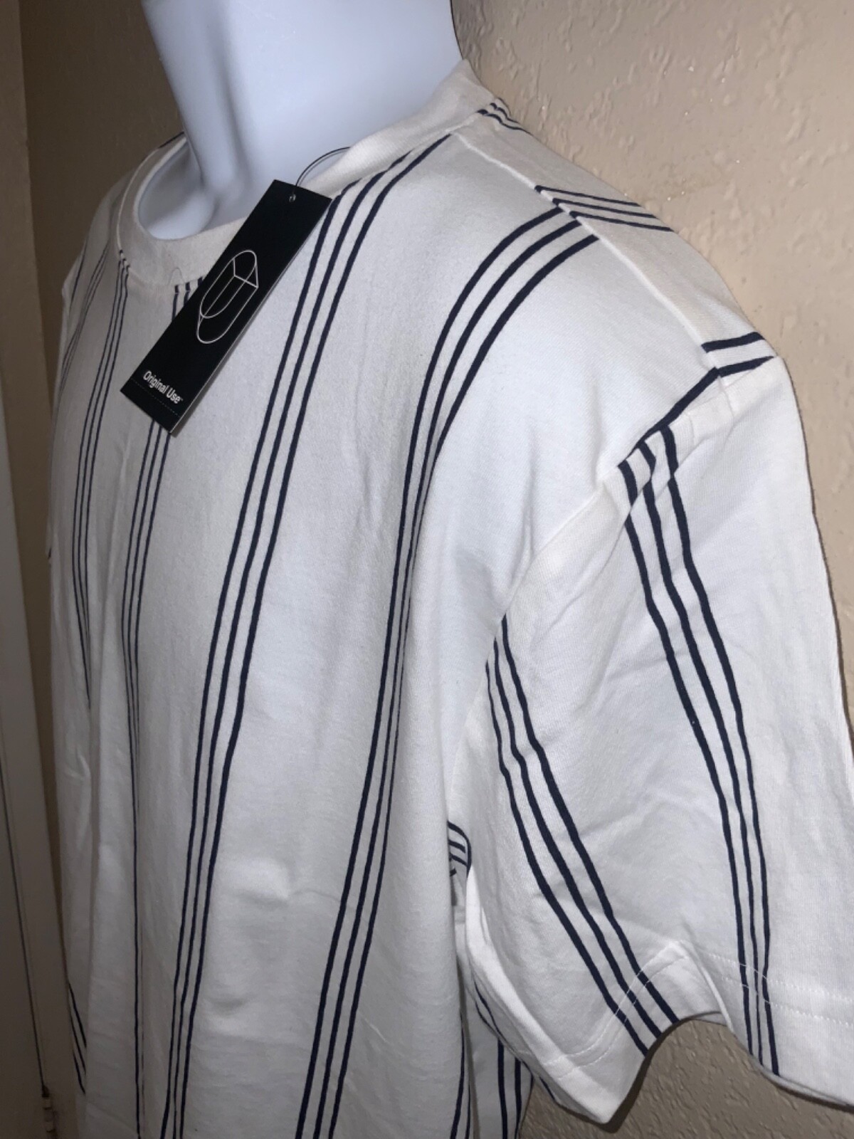 Crew neck t-shirt short sleeve WHITE W/ Black Stripes 100% Cotton Original Use