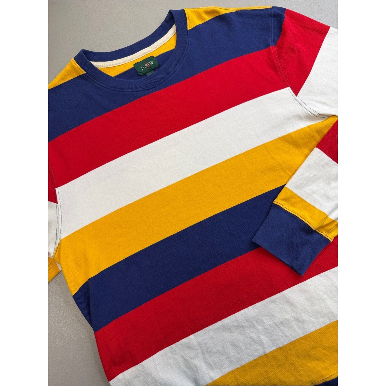 J. Crew Long Sleeve Shirt Red Navy White Yellow Striped Crewneck Mens Size Large