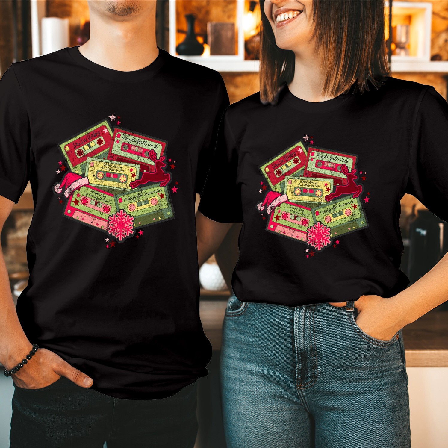 T-SHIRT (5256) CASSETTE TAPES Music Christmas Shirt Rock Frosty Xmas Tops