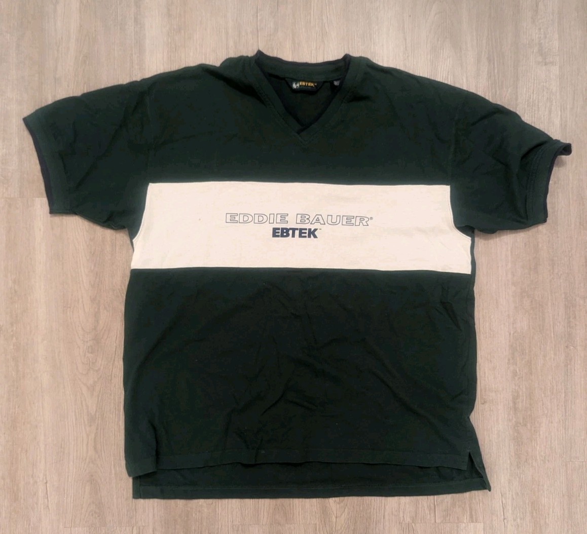 Eddie Bauer EBTEK Vintage Y2K Men&rsquo;s L Green/White Colorblock V-Neck Logo T-Shirt