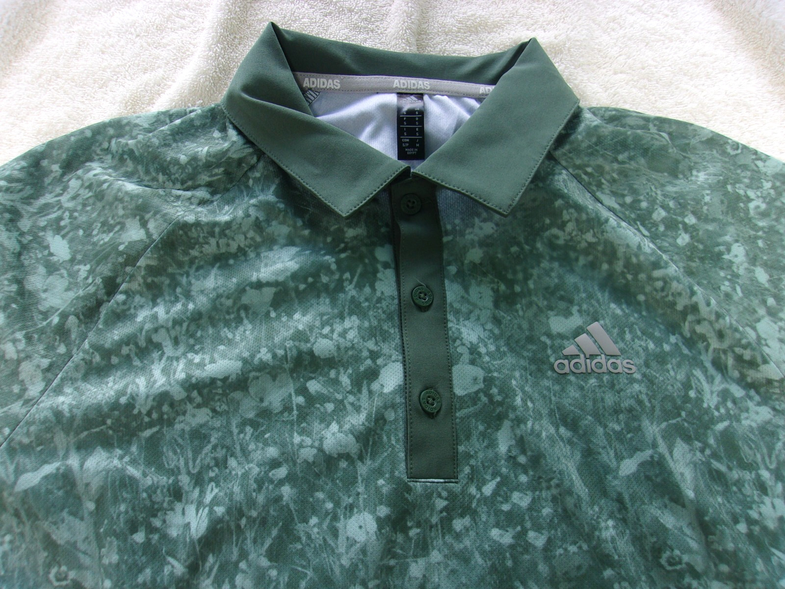 NWT Adidas polo, men&rsquo;s S, or L, camo green, polyester, pointed collar, $65