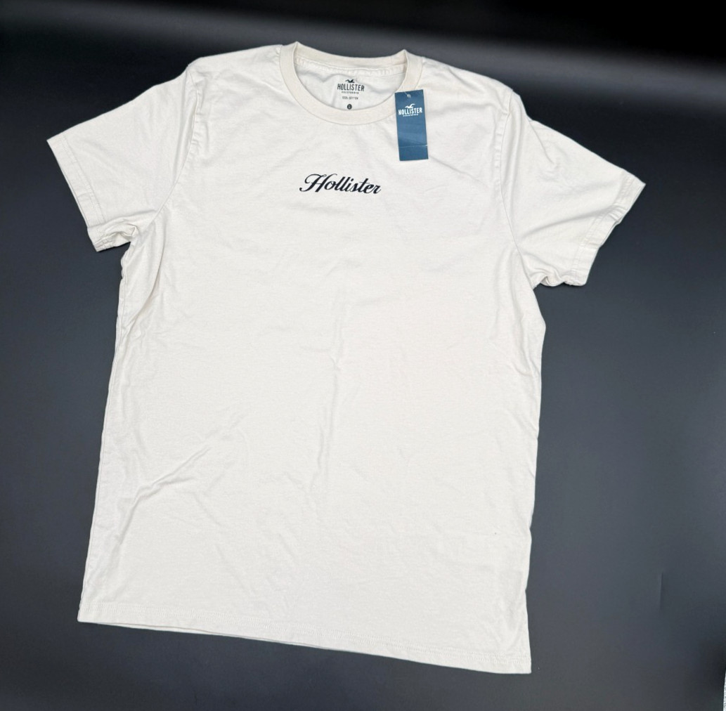 Hollister Script Logo Men&rsquo;s T-Shirt Large Cream Short Sleeve New With Tags