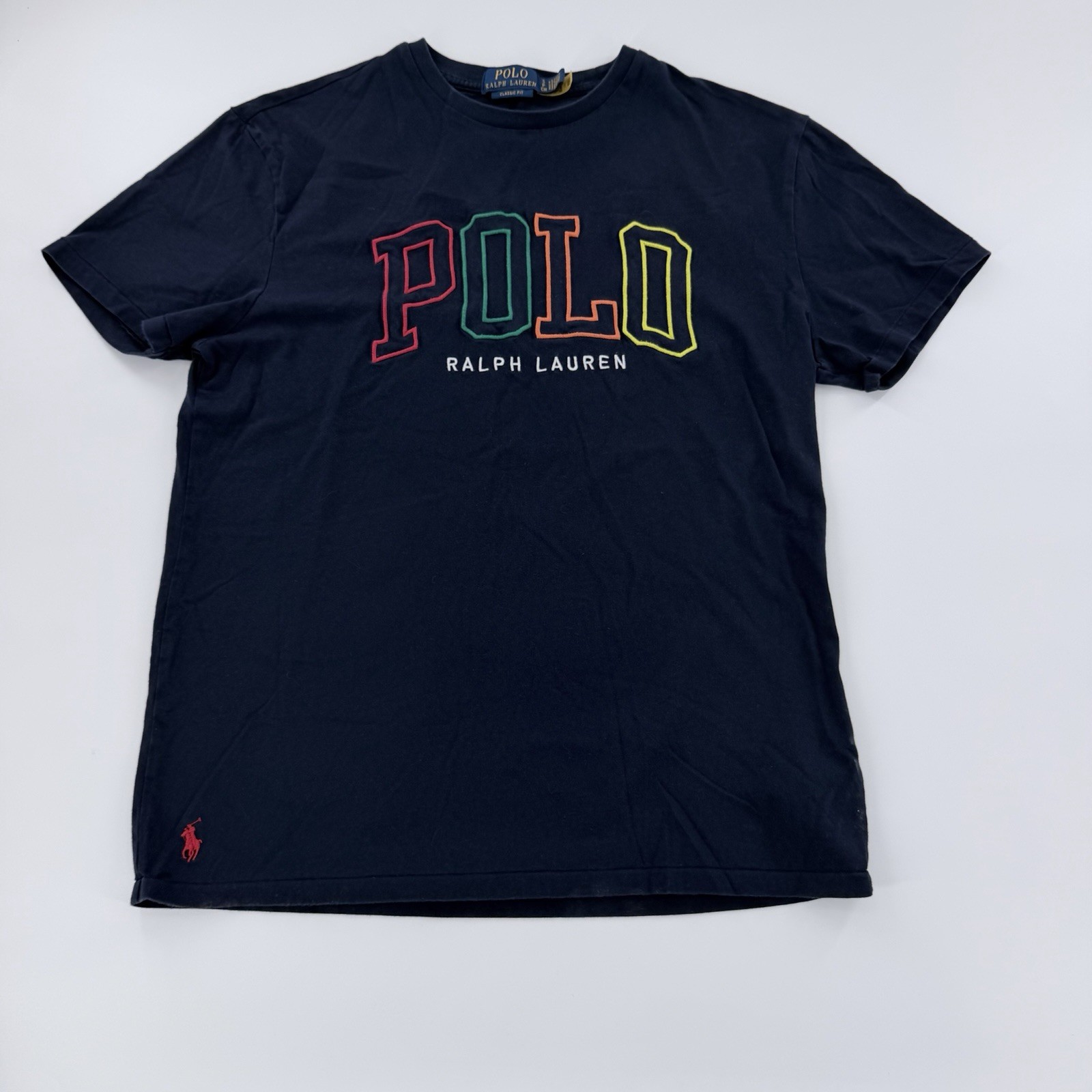 Polo Ralph Lauren Navy Blue Multi Color Logo T-Shirt Mens Classic Fit Small