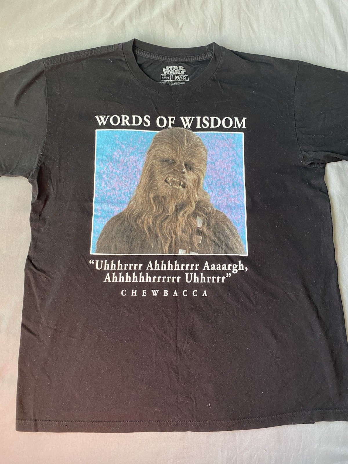 Men&rsquo;s Used Star Wars Mad Engine Chewbacca Shirt Size Large Word of Wisdom Black