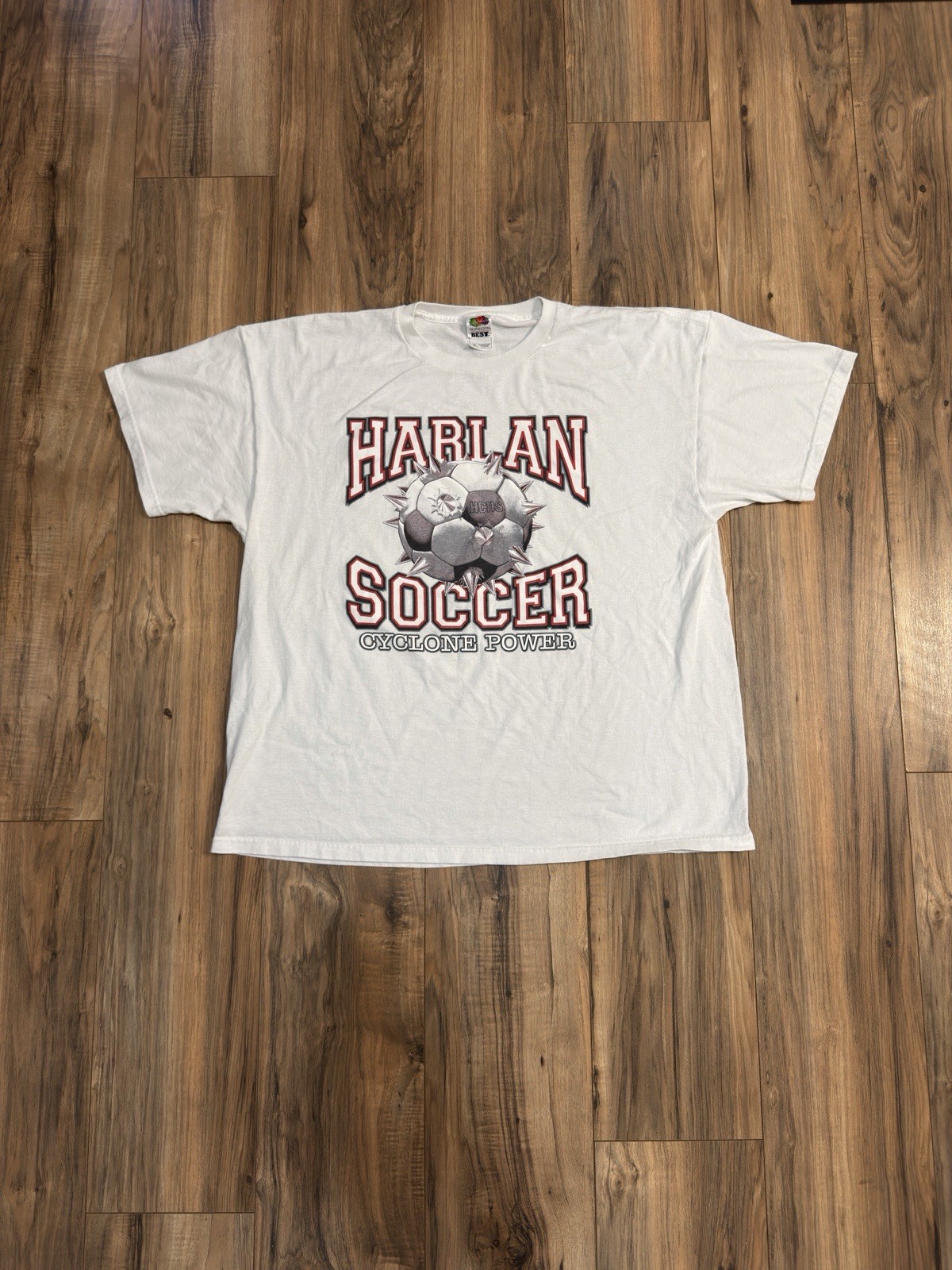 Vintage Y2K 2000s Harlan Cyclones Iowa Soccer Power High School Shirt White 2XL