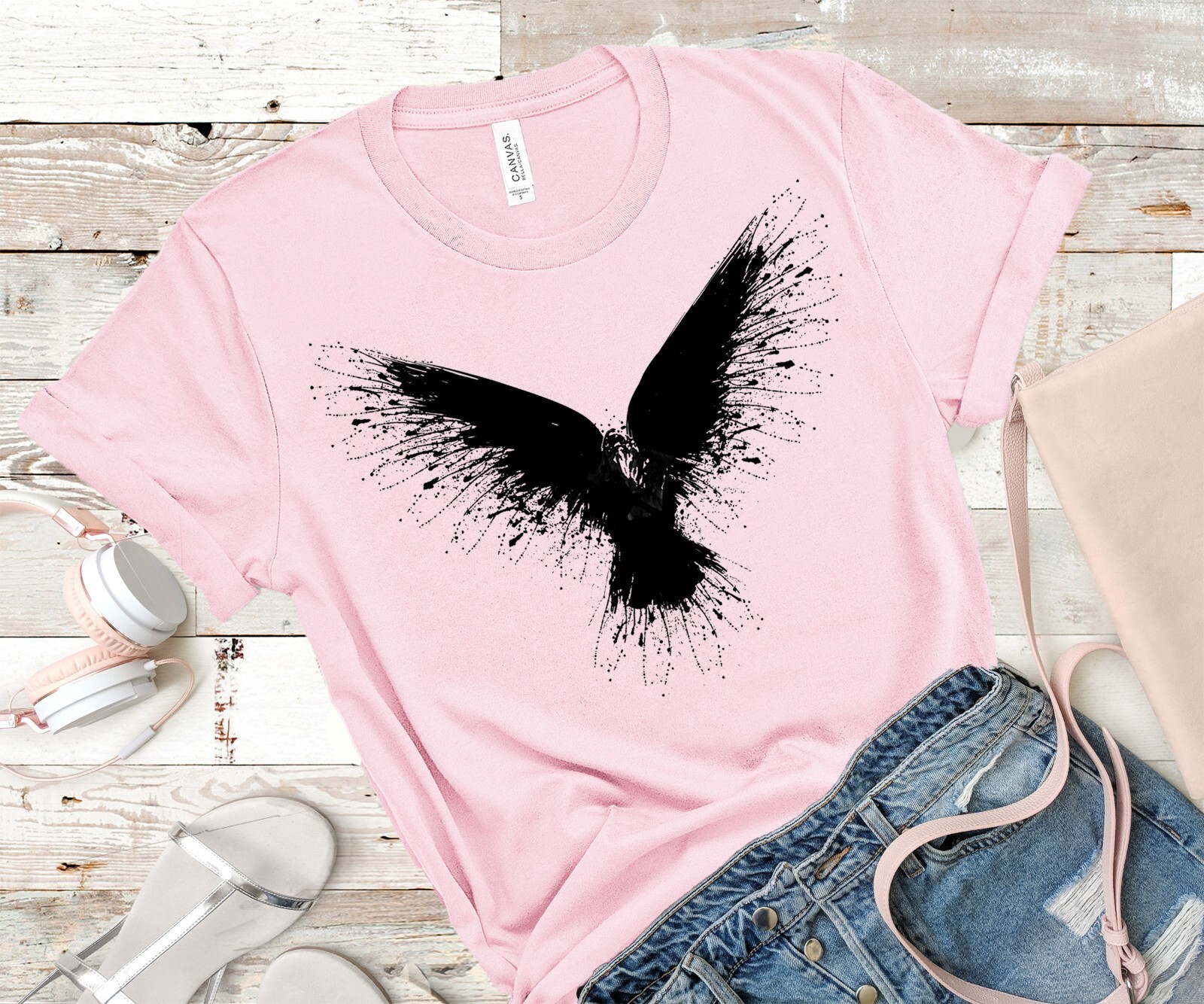 Crow Women&rsquo;s T-Shirt Hand Print Dual-Blend Tee Raven Shirt Eco Fashion Shirt