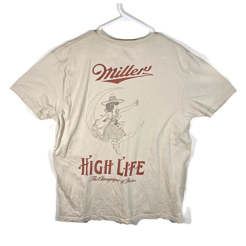 Miller High Life Beer Graphic Tshirt Mens L Short Sleeve Crew Neck Beige Cotton