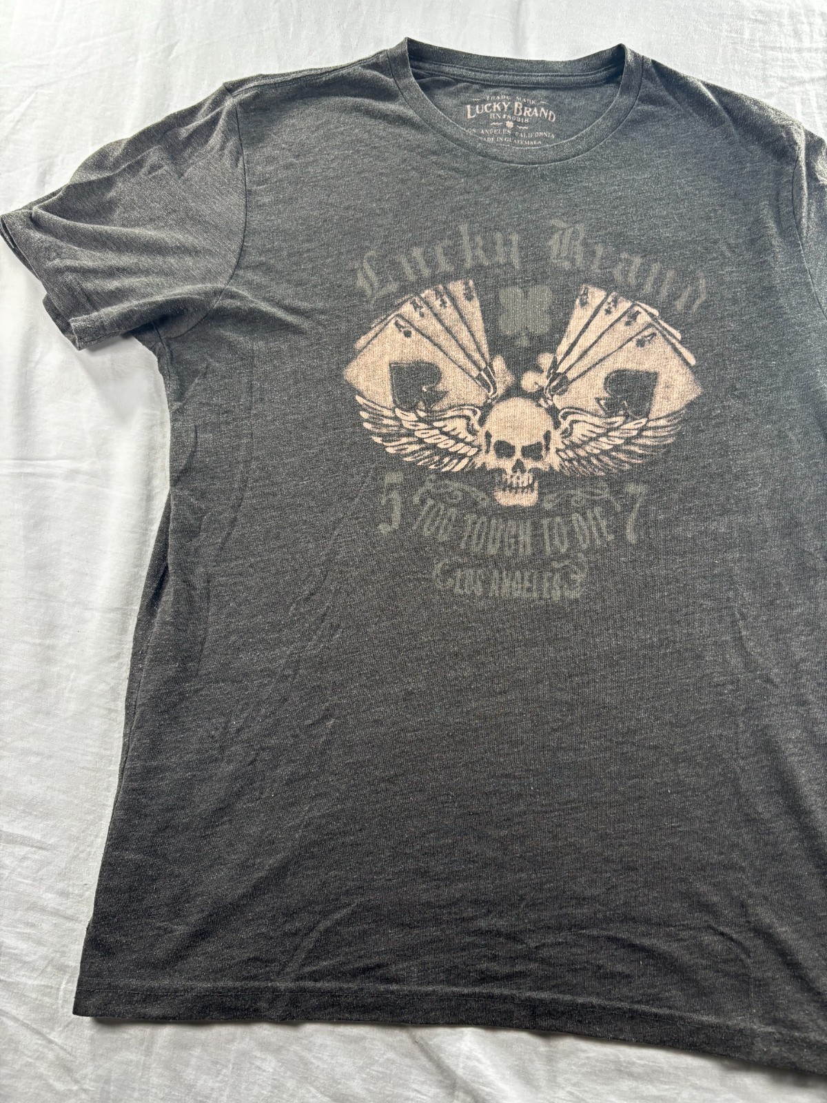 Lucky Brand Graphic T-Shirt Mens Sz L Too Tough To Die Poker Cards Skull Gray
