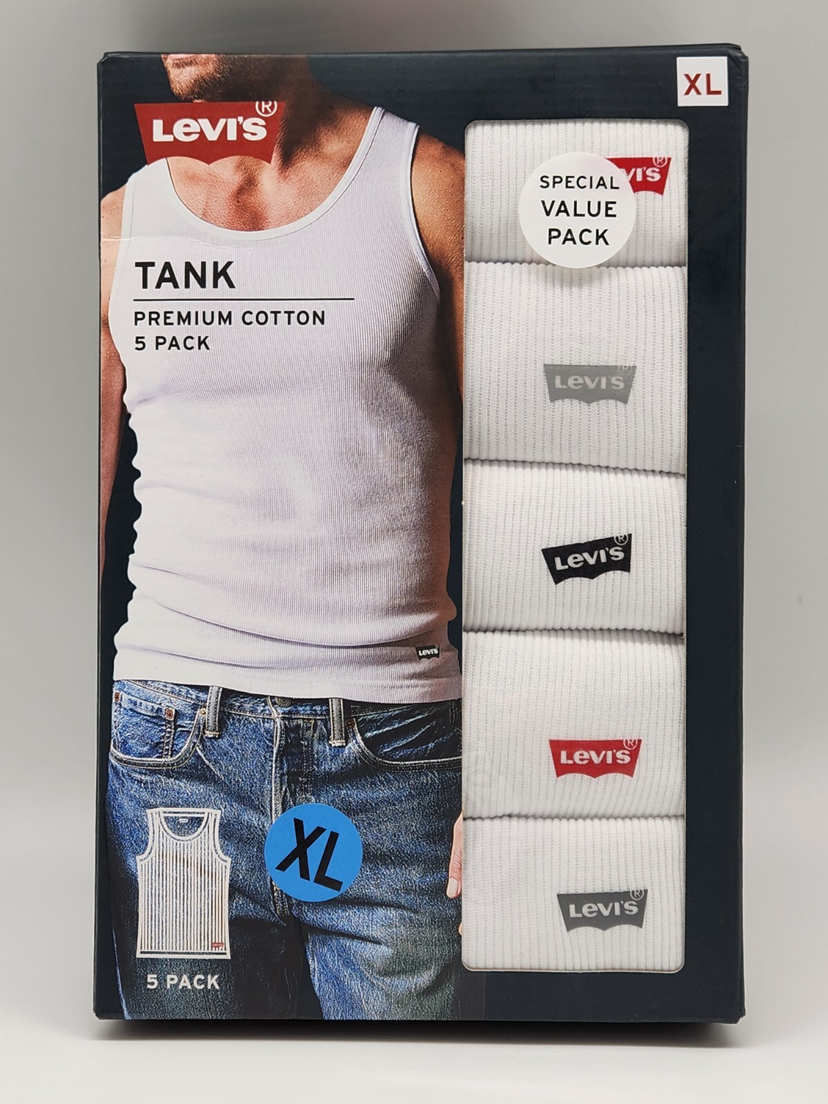 LEVIS Men&rsquo;s Size S M L XL Premium Cotton 5 Pack White w Logo Ribbed Tank A Shirt