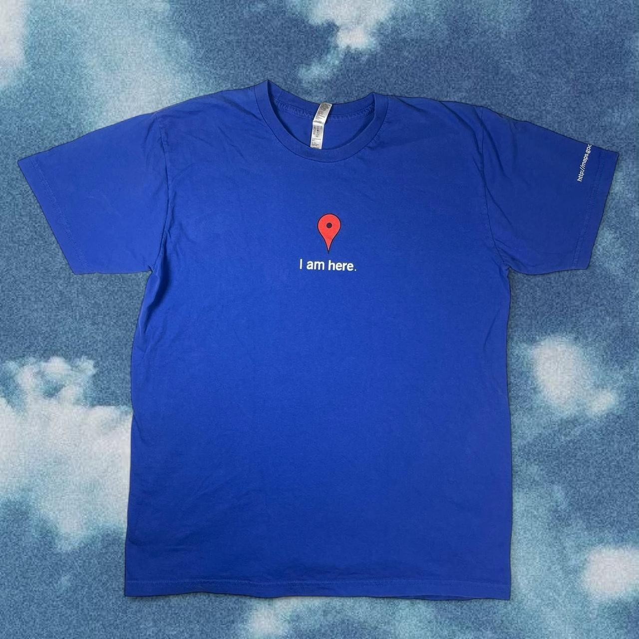 Vintage 2000s Y2K Google I am Here Blue Graphic Funny T-Shirt Humor Size Large