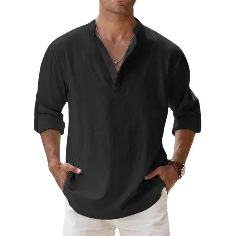 Men&rsquo;s Cotton Linen Henley Long Sleeve Shirt Casual Beach T-shirt Tee Summer Gift