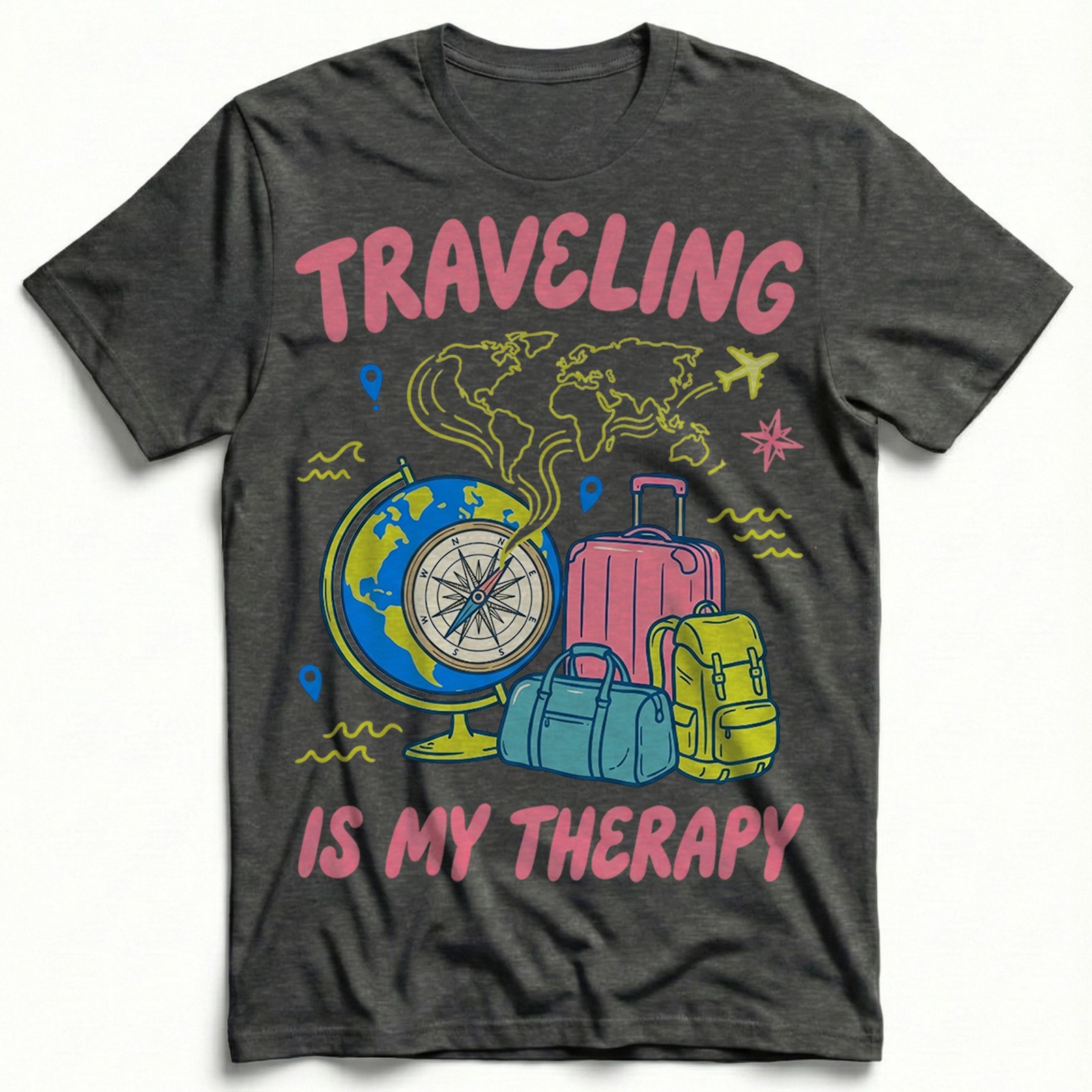 Globe Luggage Bags World Travel Map T-Shirt Traveling Is My Therapy Pack Tee