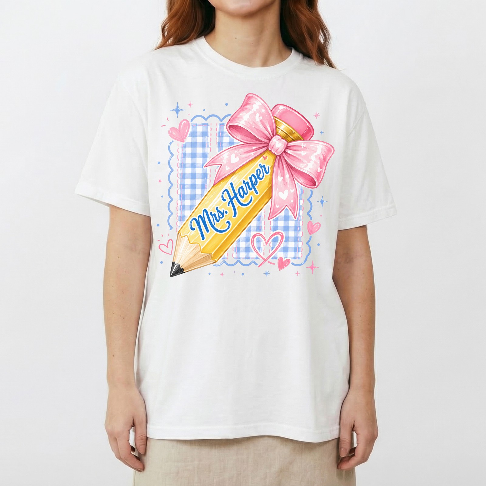 Personalized Pencil Bow Gingham T-Shirt Personalized Teacher Pencil Tee