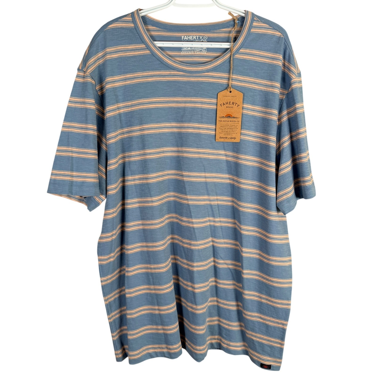 Faherty Sunwashed T Shirt Coast Coral Stripe Blue Organic Cotton Mens 2XL $78