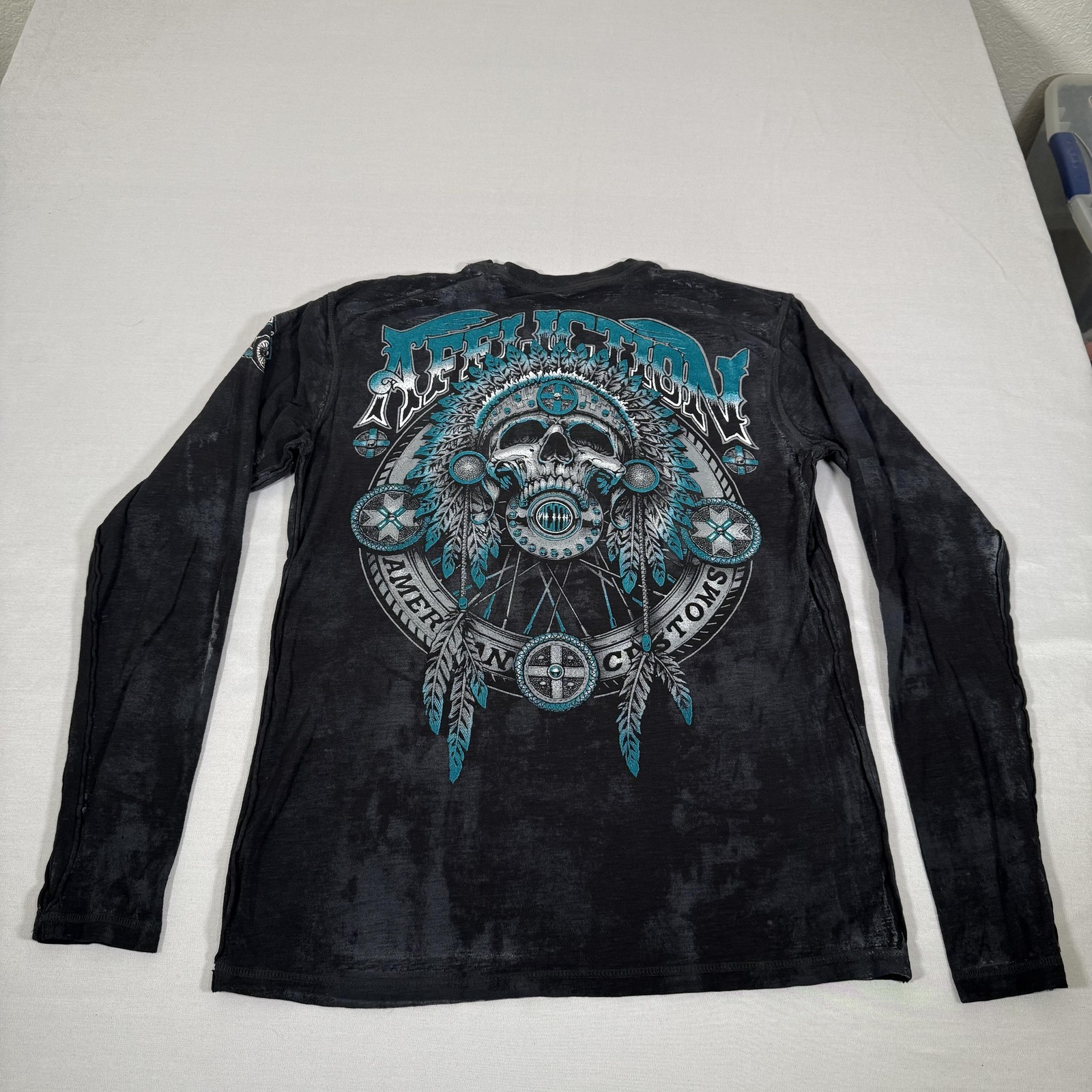 Vintage Affliction Shirt Mens Large Black Skull Racing Long Sleeve Cross AOP Y2K