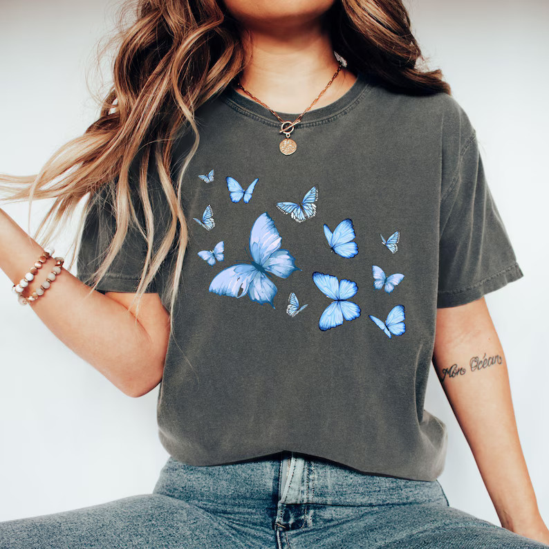 Comfort T Shirt Blue Butterflies Design