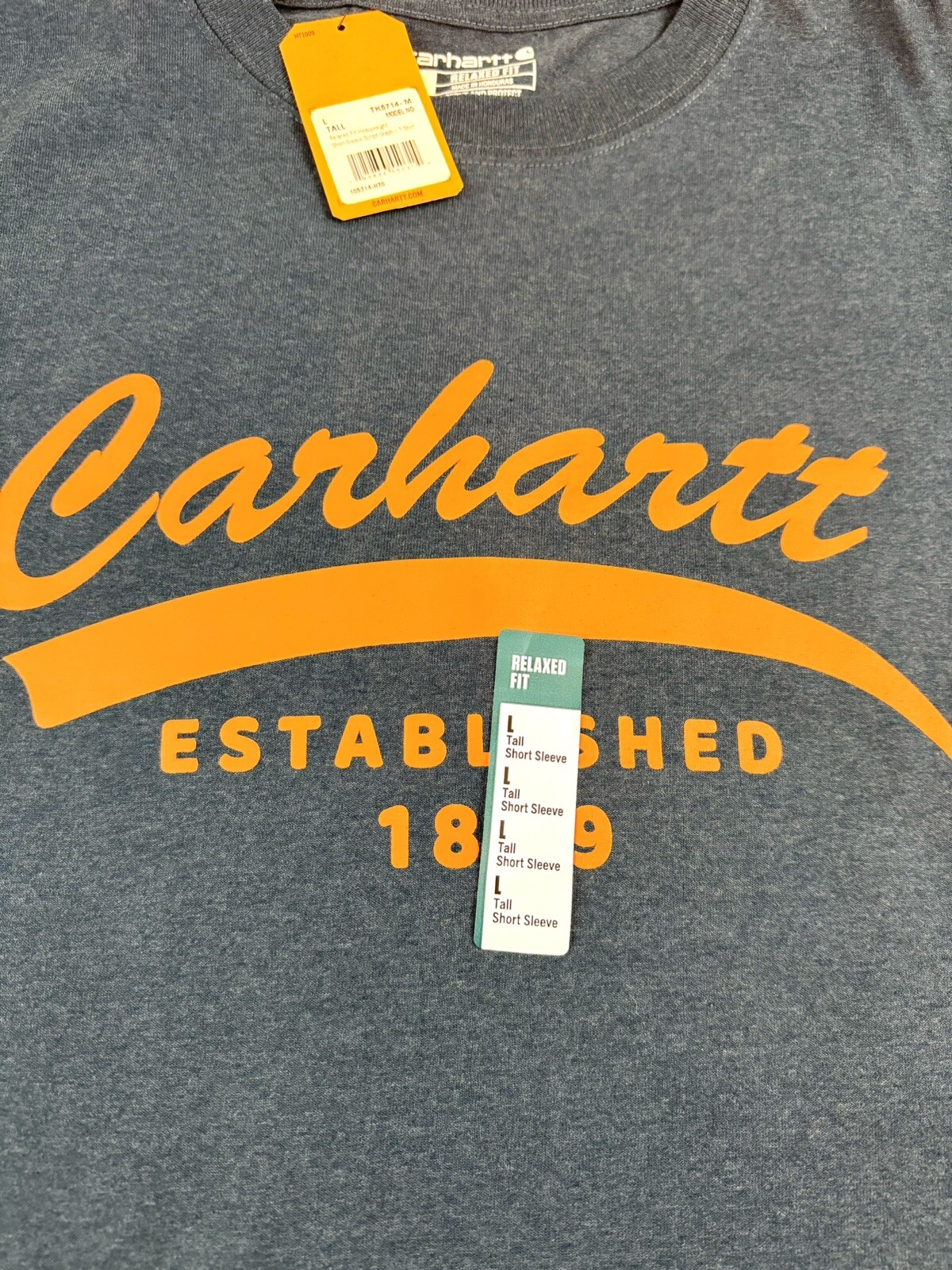 Carhartt Men’s Tshirt Short Sleeve Navy Heather Gold Script Logo Size Large Tall