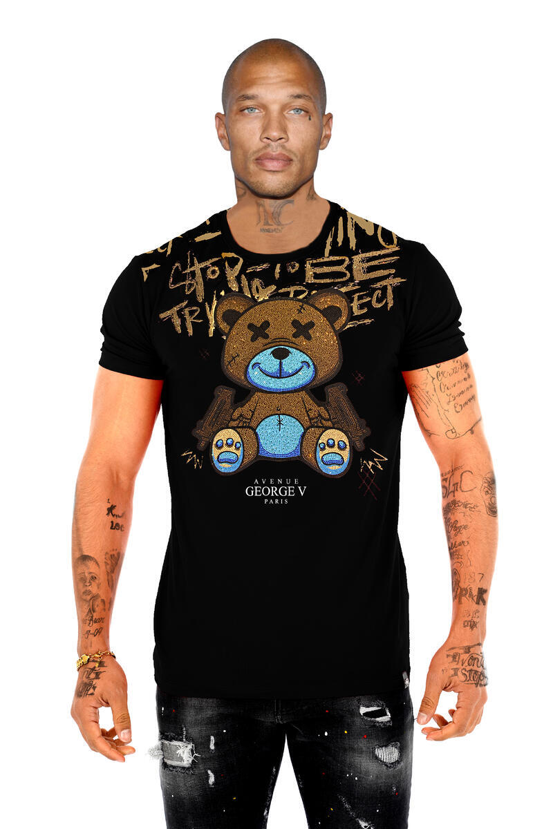 Avenue George V Paris Short Sleeves Black T-shirt Rhinestone Golden Teddy bear