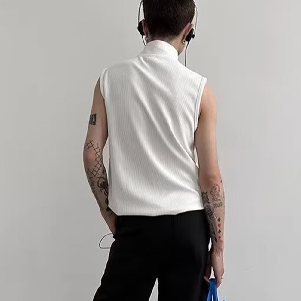 Retro Punk Zipper Tank Top for Men Stylish Sleeveless Vest with Stand Collar