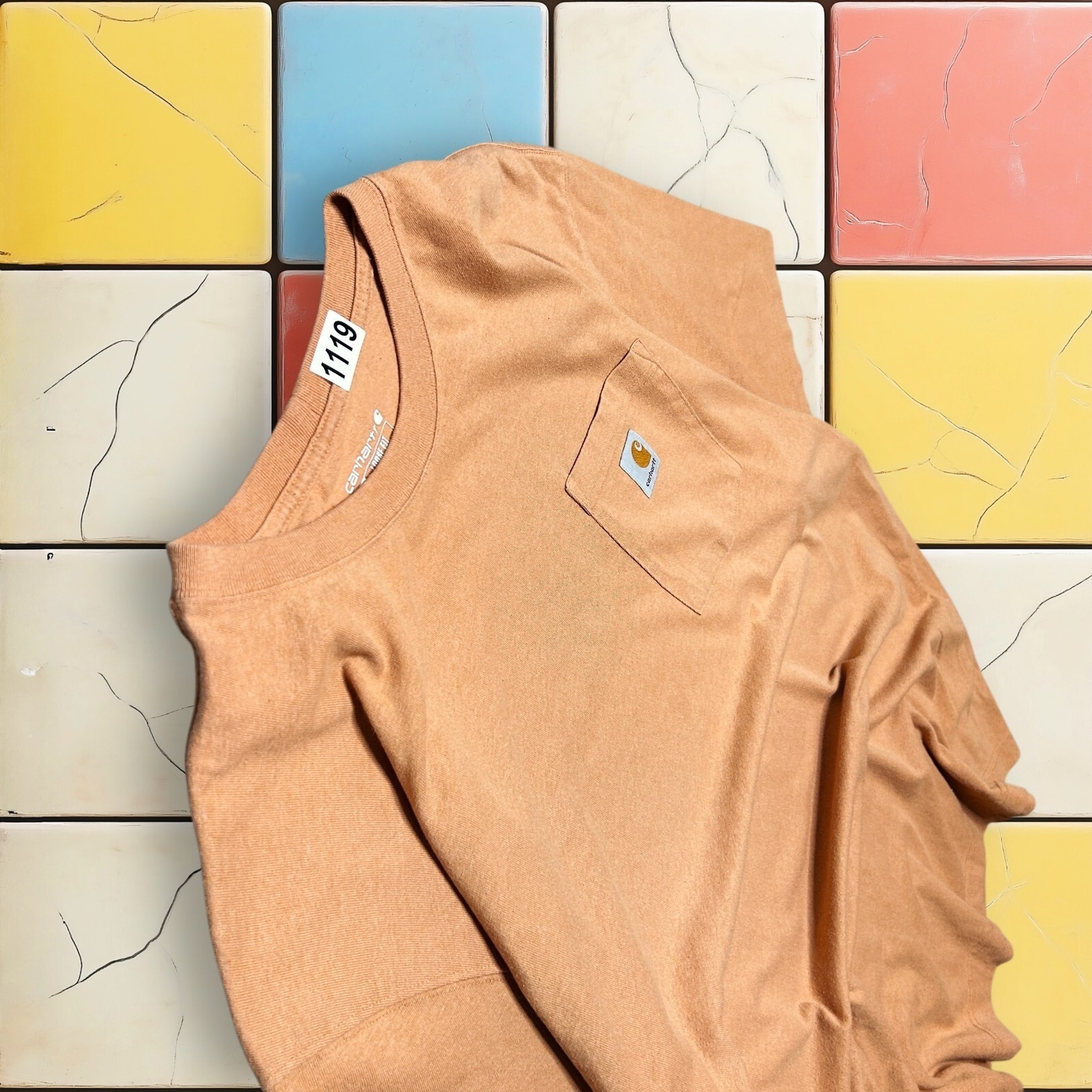Y2K Carhartt Mens T-Shirt Loose Fit Pocket Tee Workwear Peach Orange Size XL