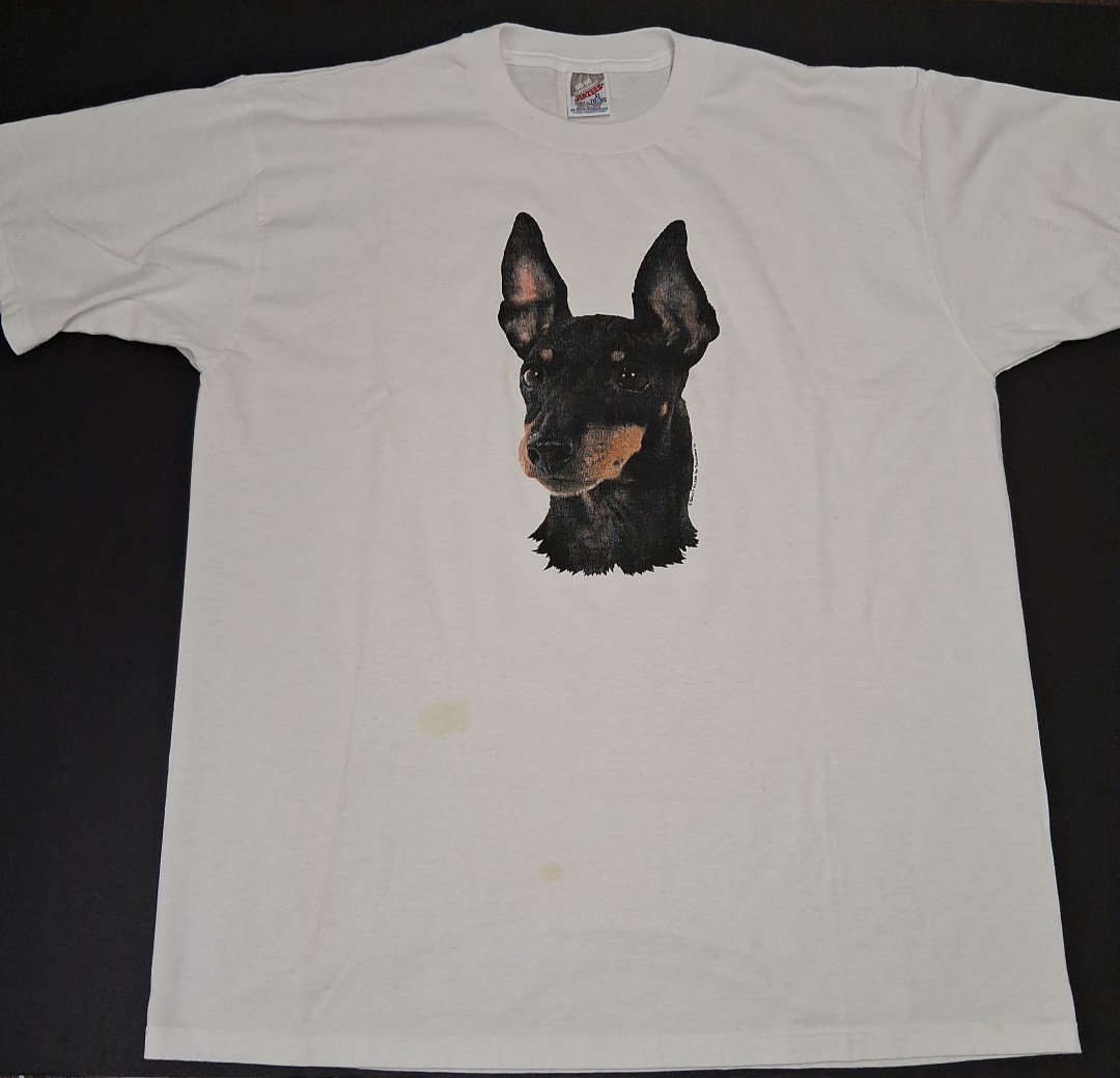 Vintage90&rsquo;s Mini Doberman Pinscher T-Shirt Sz L Dog Jerzees White 1995 50/50 USA