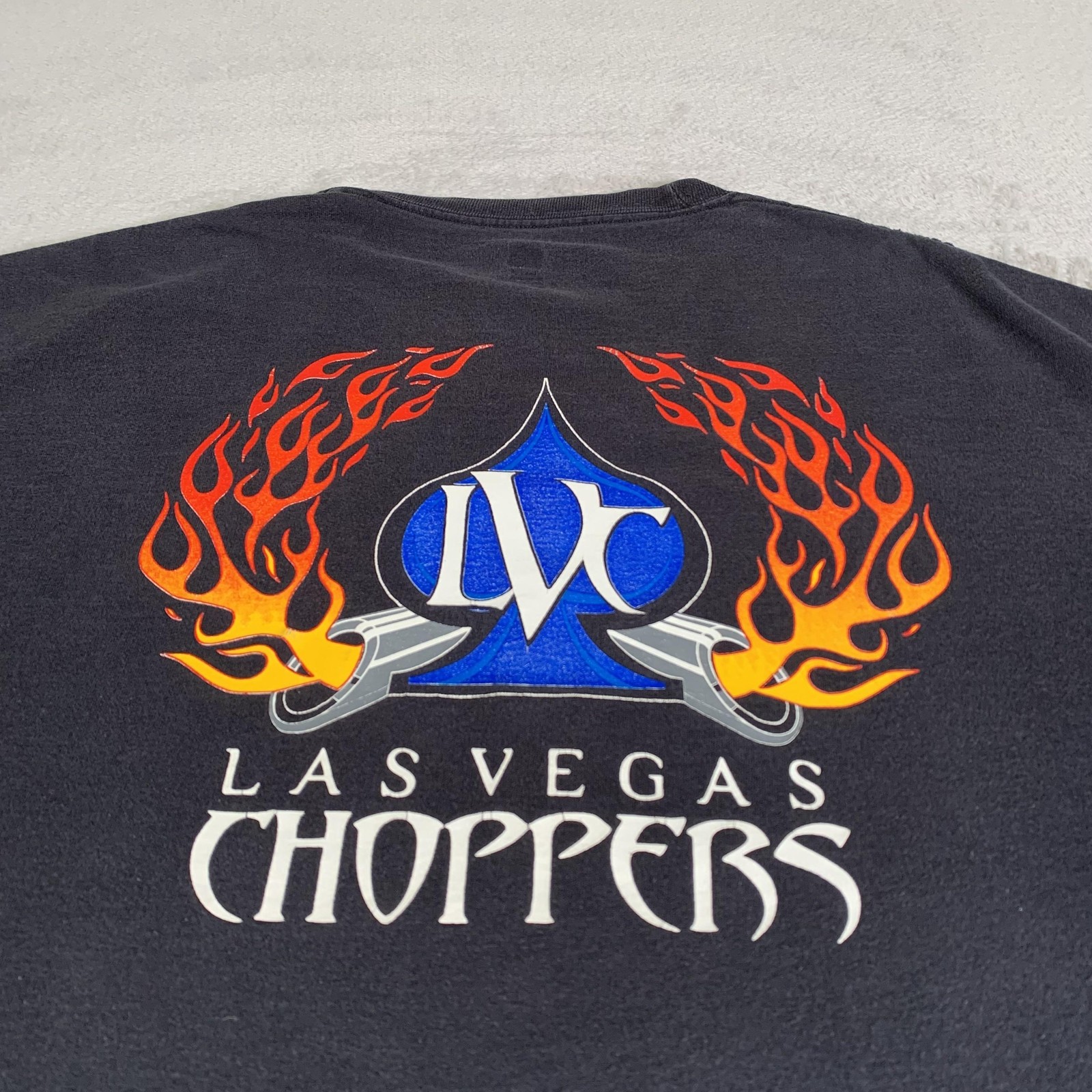 Las Vegas Choppers Shirt Mens XL Black Hanes Flames Motorcycle Biker Tee FLAWS
